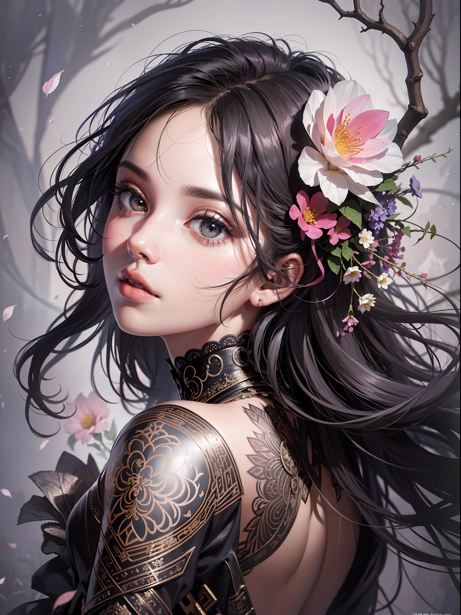 Official Art, Unity 8k Wallpaper, Ultra Detailed, Beautiful and Aesthetic, Masterpiece, Top Quality, (Photorealistic:1.4), (Zentangle, Mandala, Entanglement, Entanglement), (Flower ???????:1.2), (Fractal Art:1.3), (Very many small flowers on the girl's head), 1girl, Black eyes, Detailed black hair, Hair with light, Upper body, Wrapped in thorns, Blossoming in thorns, Extreme detail, Dynamic angles, Cowboy shot, The most beautiful form Chaos, Elegance,  Brutal design, vivid colors, surreal romanticism, several petals in the hair, whirlwind, (looking back at the viewer), strong tonal makeup, extremely realistic face, detailed face, detailed nose, very detailed lips, intricate clothes, intricate background, wavy hair, fluttering hem, fashion magazine style, no extra arms, no more than 2arms,