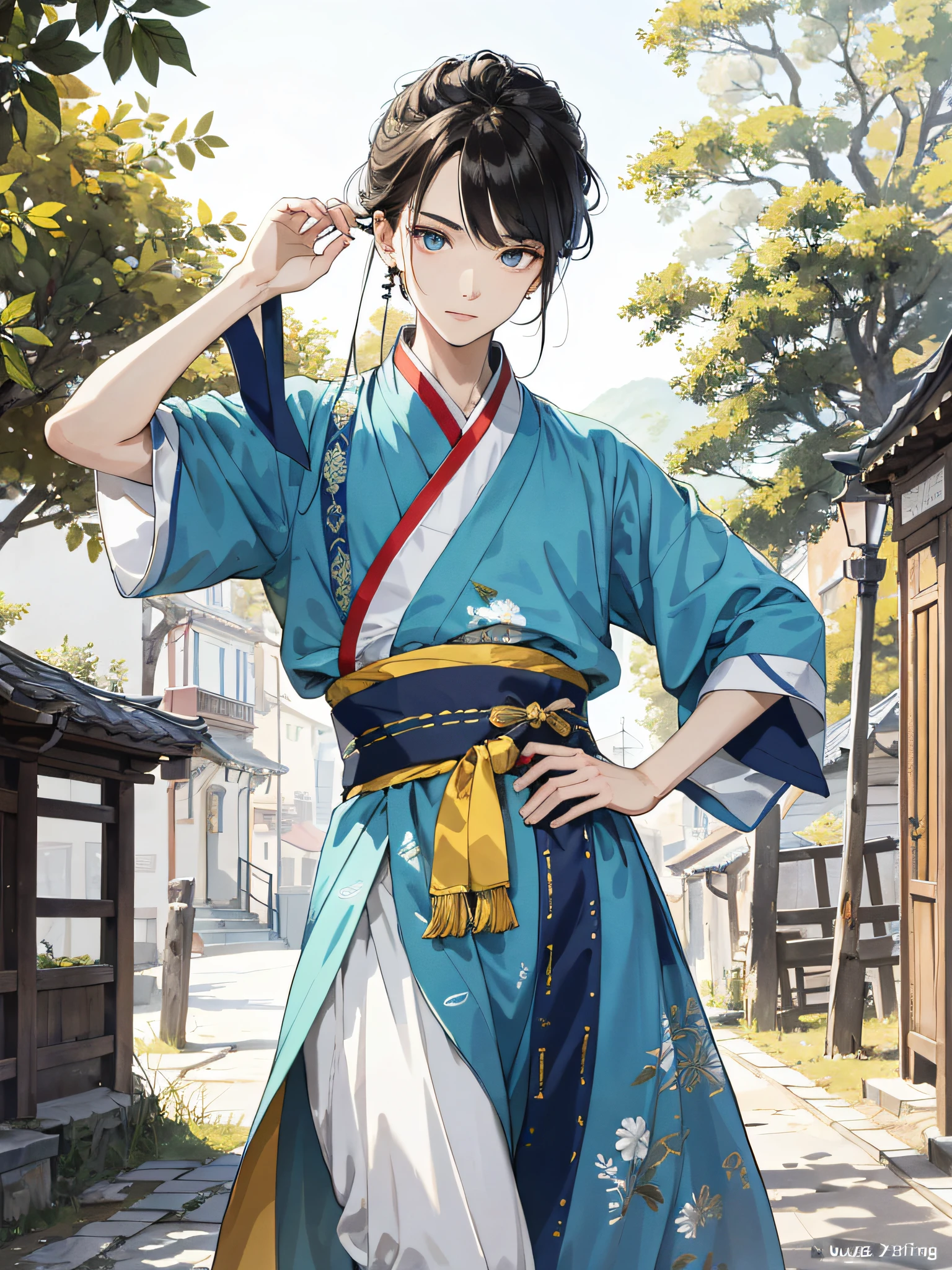 Absurd, high definition, super detailed, texture details, clear presentation, HD details, detail performance, fine details, clear face, precise restoration, clear eyeballs, (1 person: 1.3), hand-drawn, simple lines, an 18-year-old man in colorful Hanfu, standing at the entrance of the village, masterpiece, sunny day, looking at the camera, dynamic running