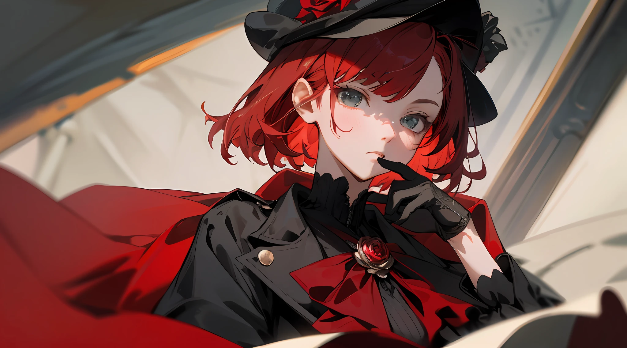 Medium shot, medium shot, depth of field, bust, upper body, cinematic angle, masterpiece, best quality, super detailed, CG, 8K wallpaper, pretty face, delicate eyes, a maiden, solo, crimson hair, expressionless face, short straight hair, red rose, black gloves, trench coat, suit, brooch, gangster, black suit cap,