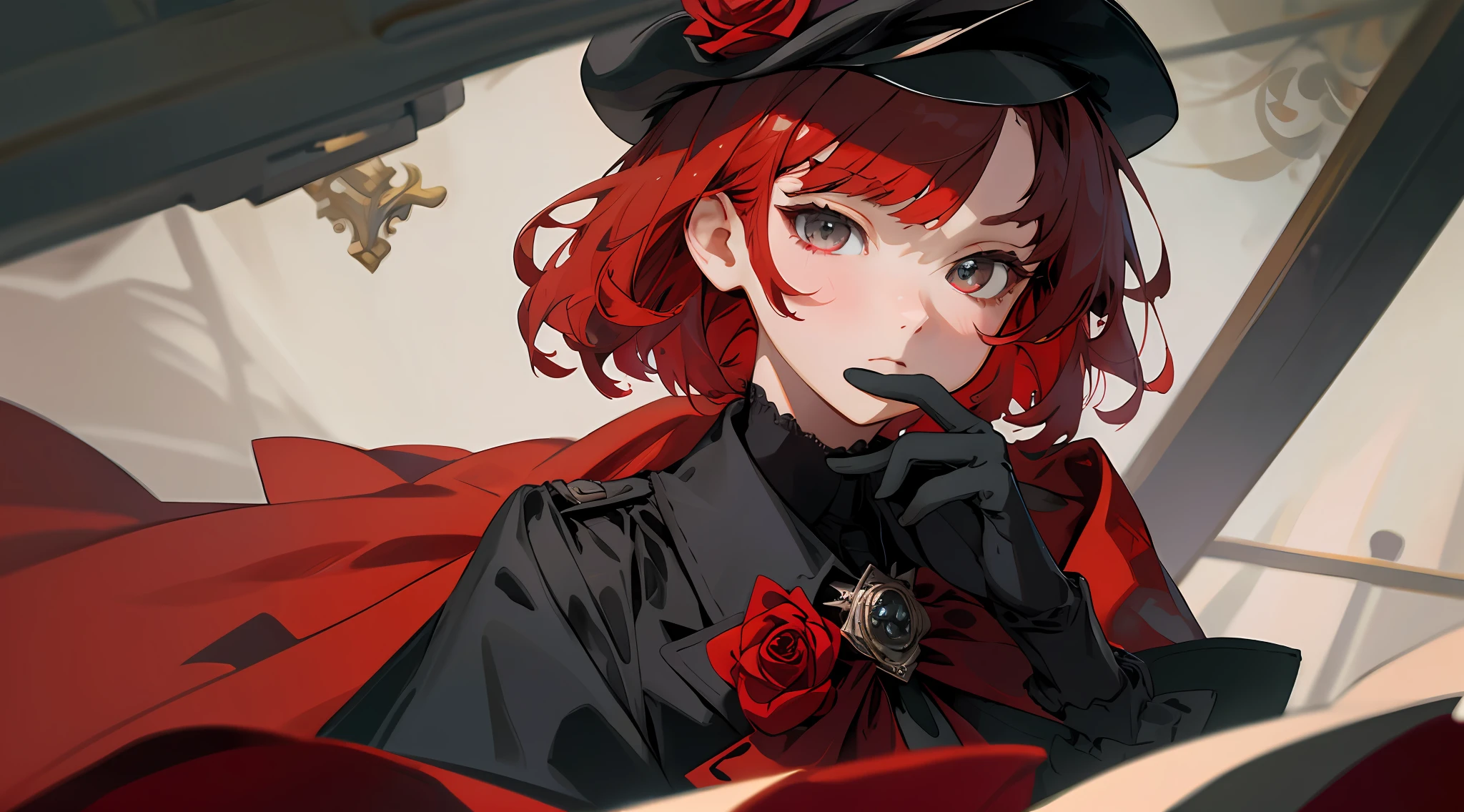 Medium shot, medium shot, depth of field, bust, upper body, cinematic angle, masterpiece, best quality, super detailed, CG, 8K wallpaper, pretty face, delicate eyes, a maiden, solo, crimson hair, expressionless face, short straight hair, red rose, black gloves, trench coat, suit, brooch, gangster, black suit cap,