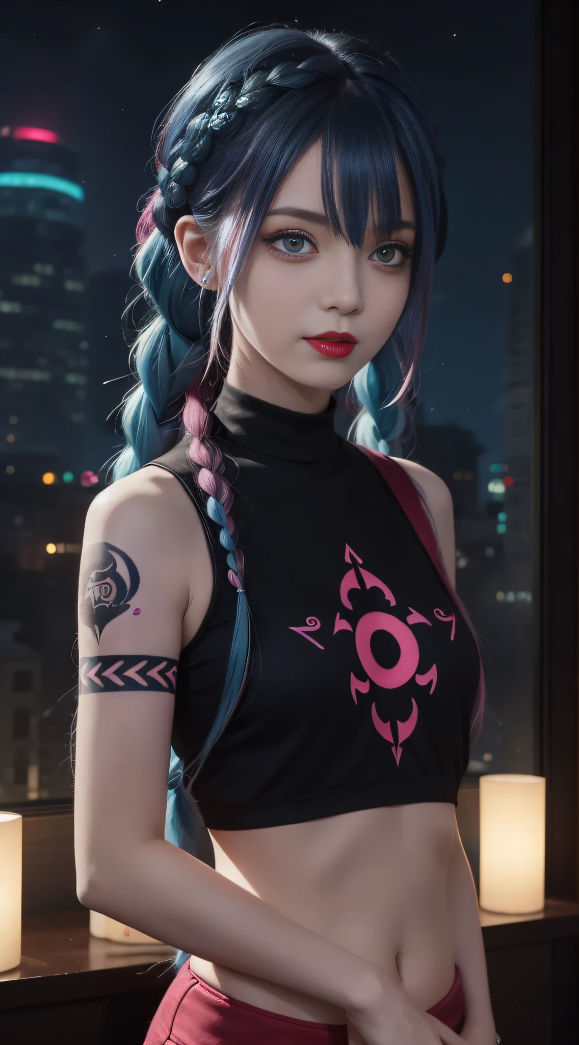 glowing, face focus, portrait, crazy, insanity, glowing pink eyes,arcane style, 1girl, arm tattoo, asymmetrical bangs, bangs, blue hair, braid, brown shirt, cloud tattoo, looking at viewer, laughing, crazy, uncontrollable laugh, mad look, night, city, green hair, long hair, midriff, pink eyes, red lips, shirt, solo, standing, tattoo, twin braids, upper body, arcane jinx, jinx \(league of legends\)