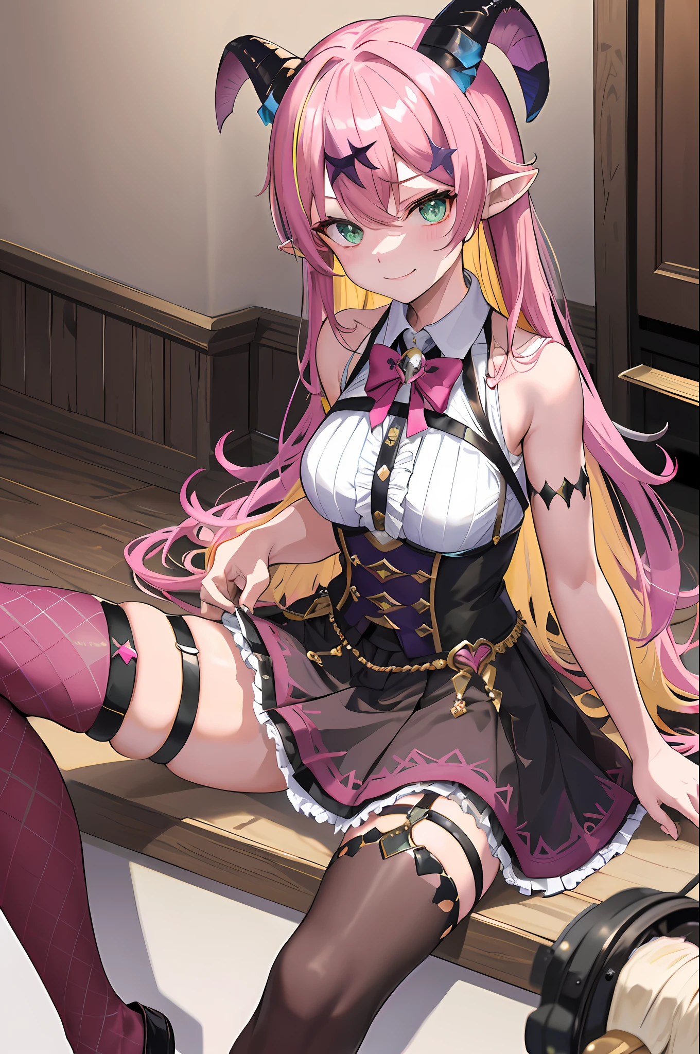 masterpiece, best quality, highres, aloe1, 1girl, solo, pointy ears, multicolored hair, asymmetrical horns, demon horns, hair ornament, blonde hair, chest harness, thighhighs, long hair, asymmetrical legwear, pink hair, sleeveless, bare shoulders, demon tail, thigh strap, wrist cuffs, green eyes, arm strap, skirt, horn bow, mismatched legwear, sleeveless horn ornament, bangs, headphones around neck, uneven legwear, hair between eyes,  indoors, spread legs, cafe, sitting, (pink panties:1.1), embarrassed, smile,