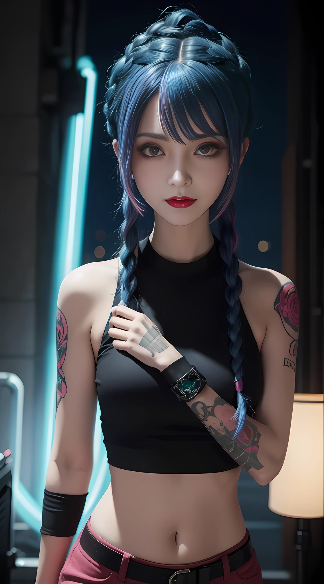glowing, face focus, portrait, crazy, insanity, glowing pink eyes,arcane style, 1girl, arm tattoo, asymmetrical bangs, bangs, blue hair, braid, brown shirt, cloud tattoo, looking at viewer, laughing, crazy, uncontrollable laugh, mad look, night, city, green hair, long hair, midriff, pink eyes, red lips, shirt, solo, standing, tattoo, twin braids, upper body, arcane jinx, jinx \(league of legends\)