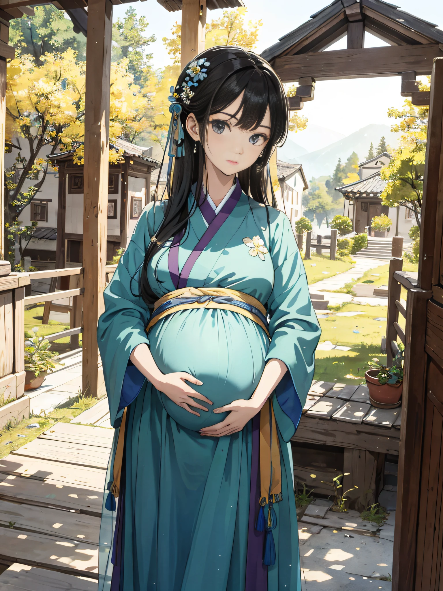 Absurd, high definition, super detailed, texture detail, clear presentation, HD details, detail performance, fine details, clear face, precise restoration, clear eyeballs, (1 pregnant girl: 1.3), hand-drawn, simple lines, a 20-year-old girl in colorful Hanfu, standing at the entrance of the village, masterpiece, sunny day, looking at the camera