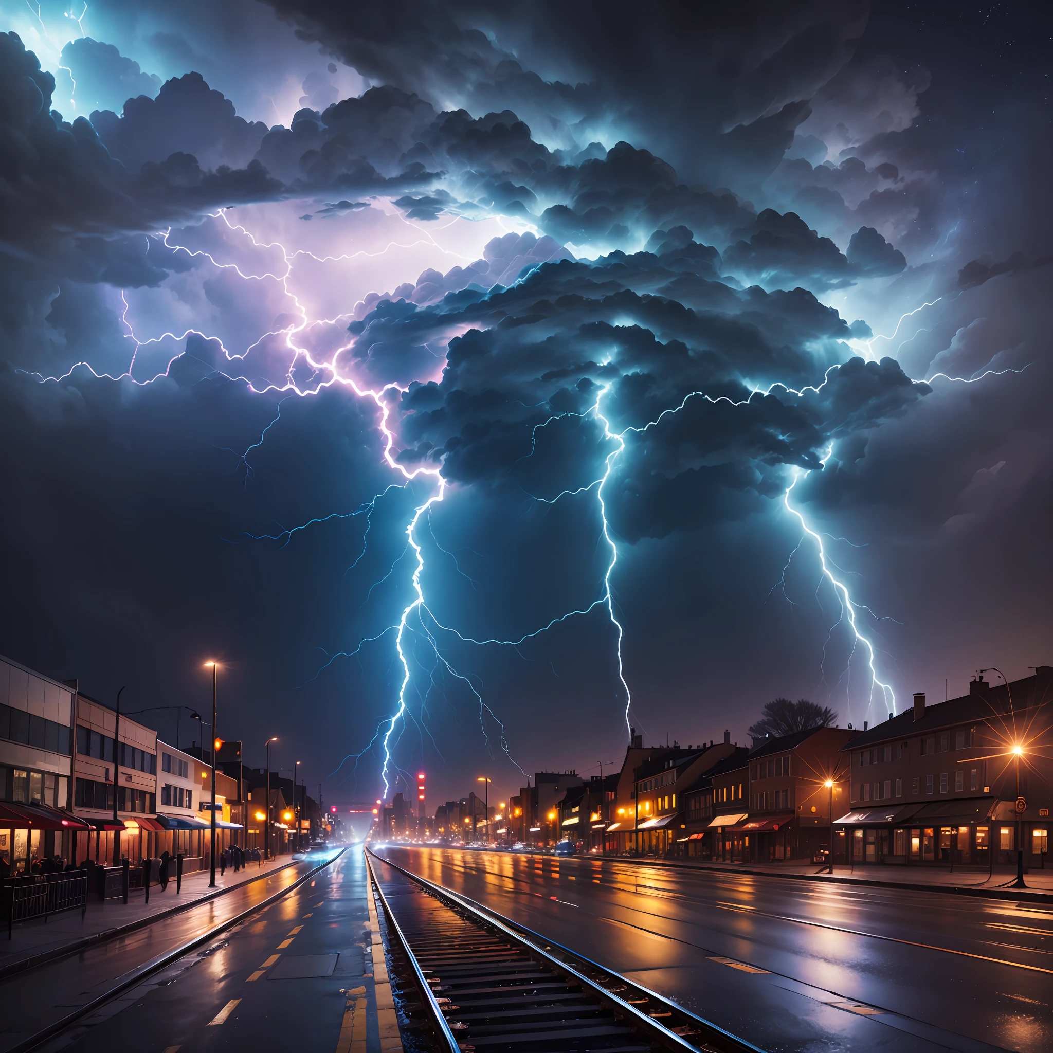 The city in the thunder of lightning at night, traffic tracks and lights from different directions are intertwined into a splendid picture. With different forms of artificial lightning, electric storms and thunderstorms sweeping the city, it has become a unique weather photography. Collect lightning forks, movie forks and lightning effects to provide a strong picture impact, provide detailed lighting and thunder, present an imaginative and malleable artistic image, and cinematic effects and colors complement each other to create infinite amazement. --auto --s2