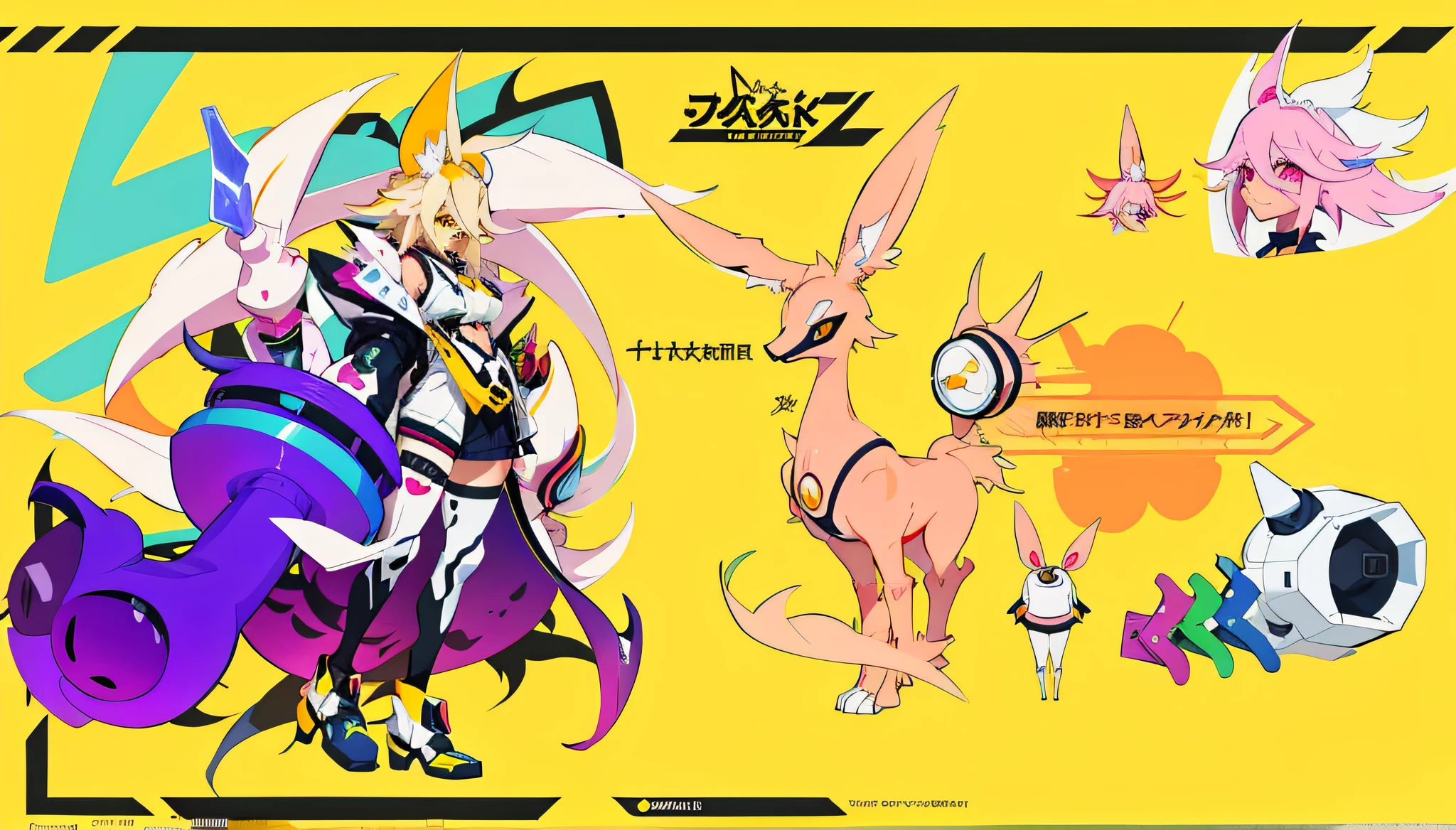 anime characters are depicted in a graphic style on a yellow background, hyper concept art, official concept art, of a ramlethal valentine, [ conceptual art ]!!, with splatoon style, rabbt_character, official character illustration, anime robotic mixed with organic, tome + concept art, game character design, persona art style, [ character design ], furaffinity fursona