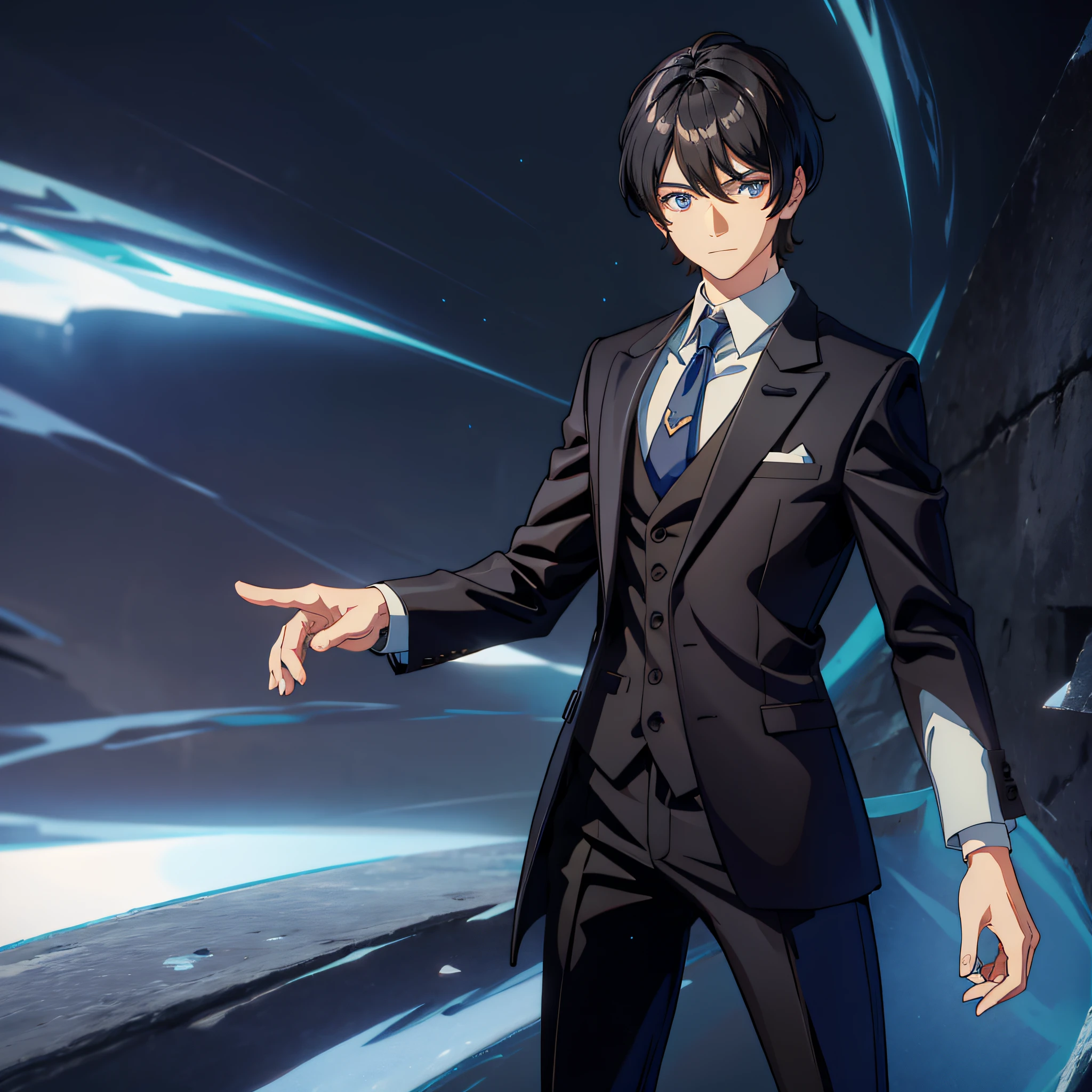 Male, short black hair, fine eyes, suit, back to viewer, side face, magic on hands, single, hell background