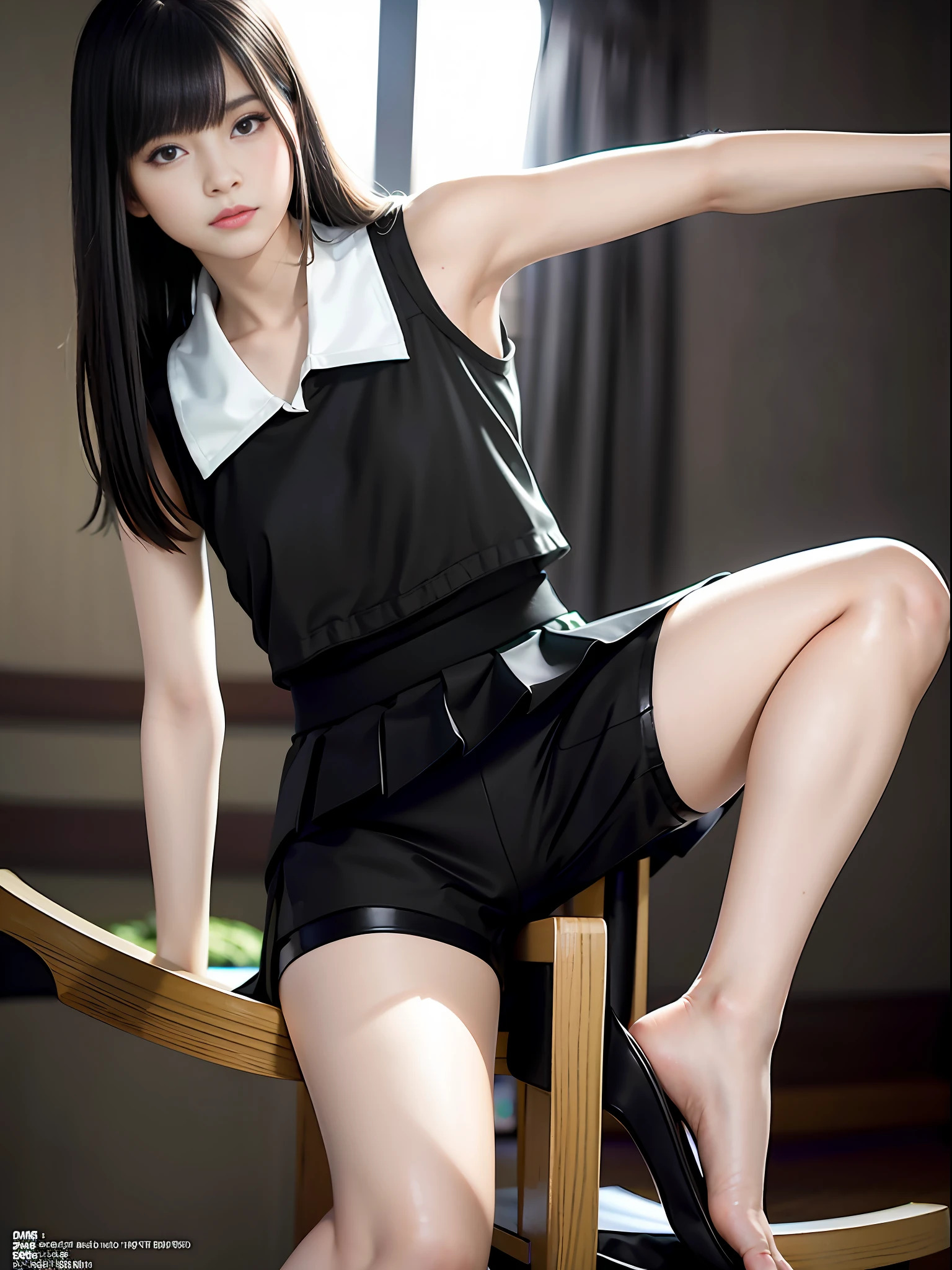masterpiece, masterpiece, best quality, best quality, real, unity, 8k wallpaper, official art, highly detailed cg unity 8k wallpaper, ulzzang-6500, (original: 1.2), (real: 1.4), mix4, (8k, RAW photos, top quality, masterpiece: 1.27), simple costumes, skirts, pleated skirts, (Black spandex shorts:1.37)) shorts under skirt, lively girl, (realistic, photorealistic: 1.37), photon mapping, radiosity, one girl, mature, cool, professional lighting, physically based rendering, sitting in a chair, overhead view, hair fluttering in the wind, blurring background, handsome, masterpiece, highest quality, high resolution, highest quality photo, high resolution, 1080p, ( Delicate Skin), (Clear Face), (Detailed Facial Description), (Detailed Hand Description), (Masterpiece), (Elaborate CG), (Detailed Facial Features), (Top Quality Photos), (Masterpiece), (Detailed Eyes),