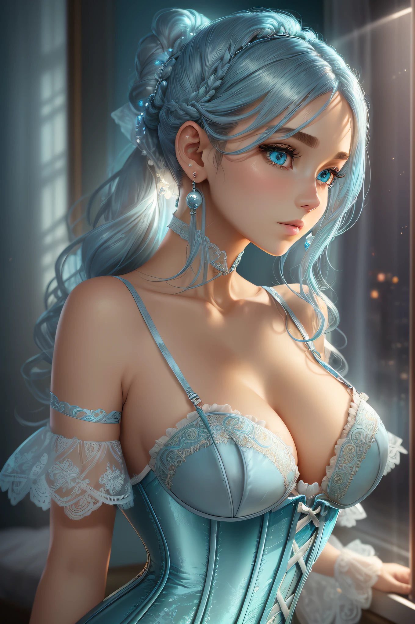 ((Light blue corset dress)), (top quality, masterpiece: 1.2), ultra high resolution, realistic, front lighting, intricate details, exquisite details and textures, body portrait, 1 girl, solo, (young), face highlights, upper body, detailed face, teardrop mole, shiny skin, silver hair, ponytail, braid hair, look at the viewer, big eyes, (( Light blue corset dress)), earrings, small breasts, slim body, beautiful background (city hotel room: 1.2), windowsill, professional lighting, photon mapping, radiosity, physically based rendering, ((hair bunched up on head)), huge, {{{masterpiece, best quality, illustration,game_cg}}}}, (hair bunched up on the head), sexy, cinematic, Beautiful background, body portrait --auto --s2