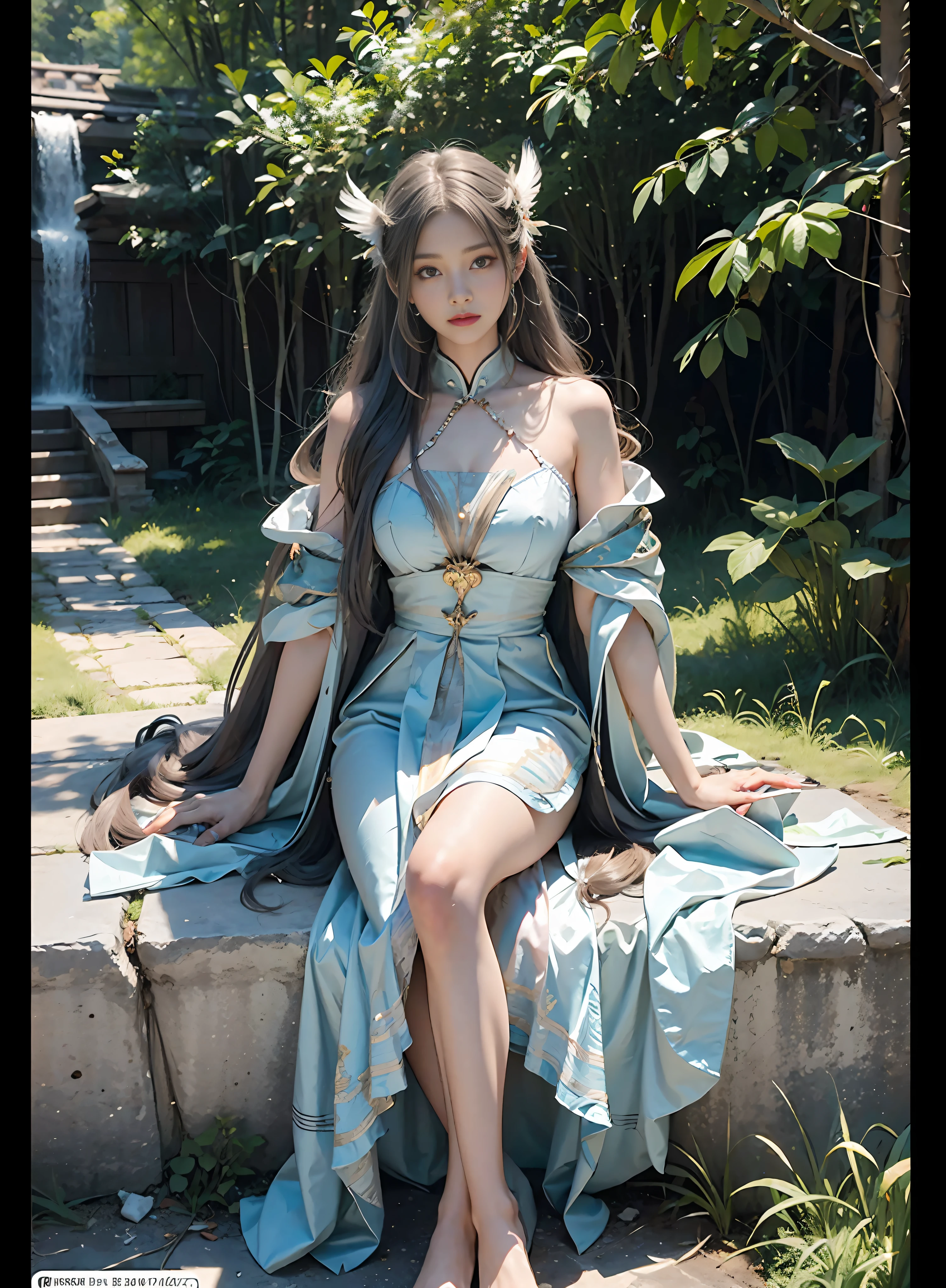 High quality, masterpiece, masterpiece, exquisite facial features, delicate hair, delicate eyes, delicate colored hair, 4K picture quality, brilliant light and shadow, Tyndall effect, halo, messy hair, youthful state, gorgeous scene, exquisite clothes, chains, feathers, big eyes of ancient Chinese beauty very detailed, digital painting, artstation, concept art, clear focus, illustration, (full body 2.0), greg rutkowski and alphonse mucha and victo ngai of art