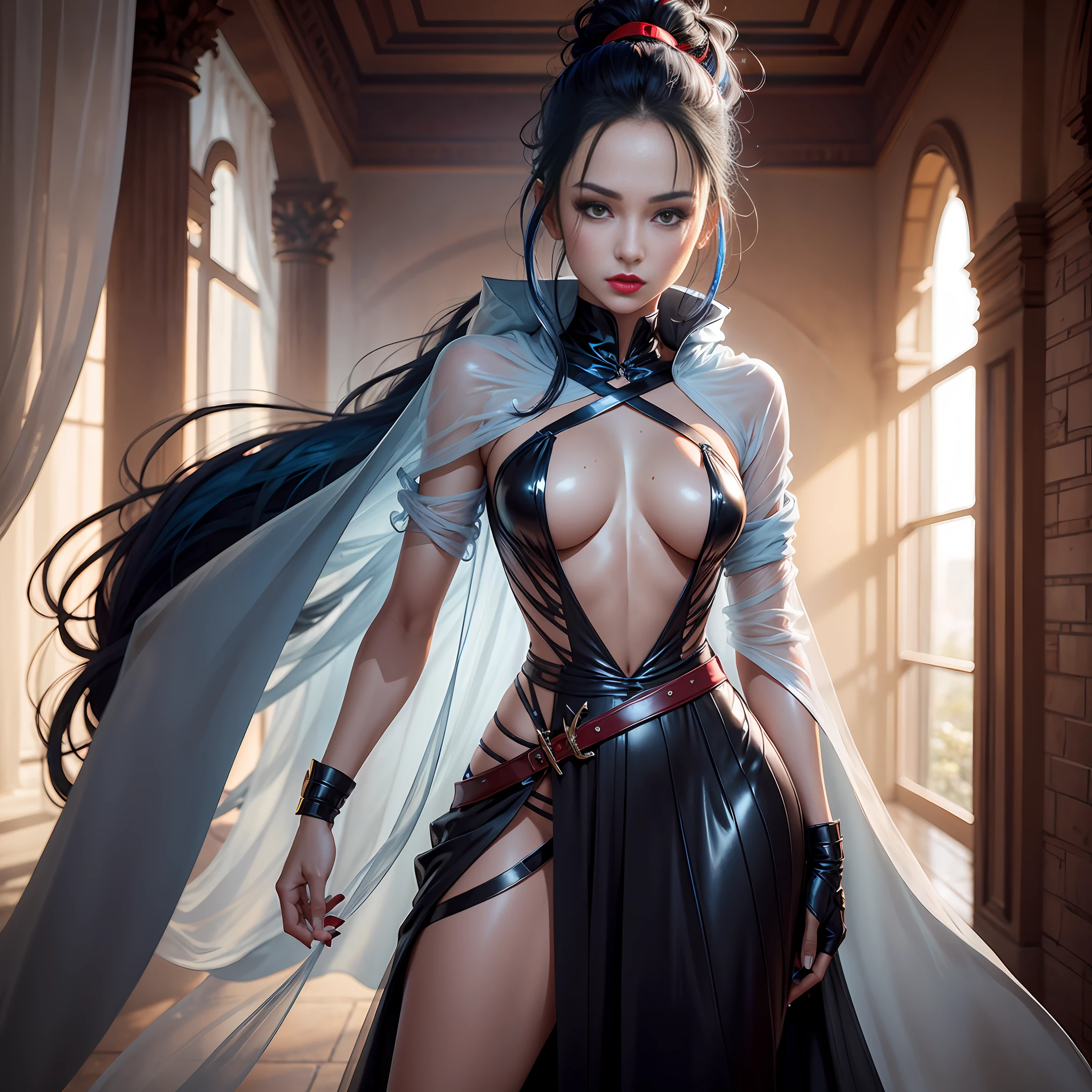 Ponytail, beautiful female warrior, approximately 20 years of age, with a perfect body and dressed only organza transparent coat (see-through: 2.0) , The character has dark blue hair with red highlights, tied in a horse tail, and holds a short sword in her hand. I would like the drawing to be done in any graphic convention that fits the character’s nature, wet skin, shiny skin, transparent organza flowing coat, photorealistic: 2.0. Shiny skin, make up, make up eyes, dark red lipstick, dark red nails, long lashes,