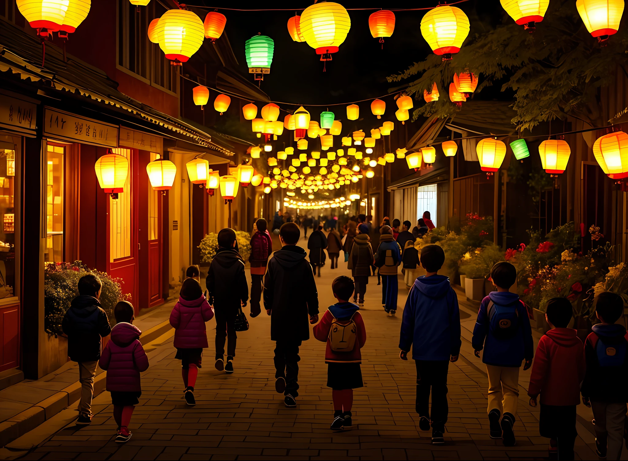 Lots of kids walking down a street with lots of lanterns, street lanterns are shining, street lanterns glow, colorful lanterns, eand paper lanterns, colorful paper lanterns, by Tom Wänerstrand, yellow lanterns, vibrant lights, warm lantern lighting, instagram photo, masterpiece, ultra detailed
