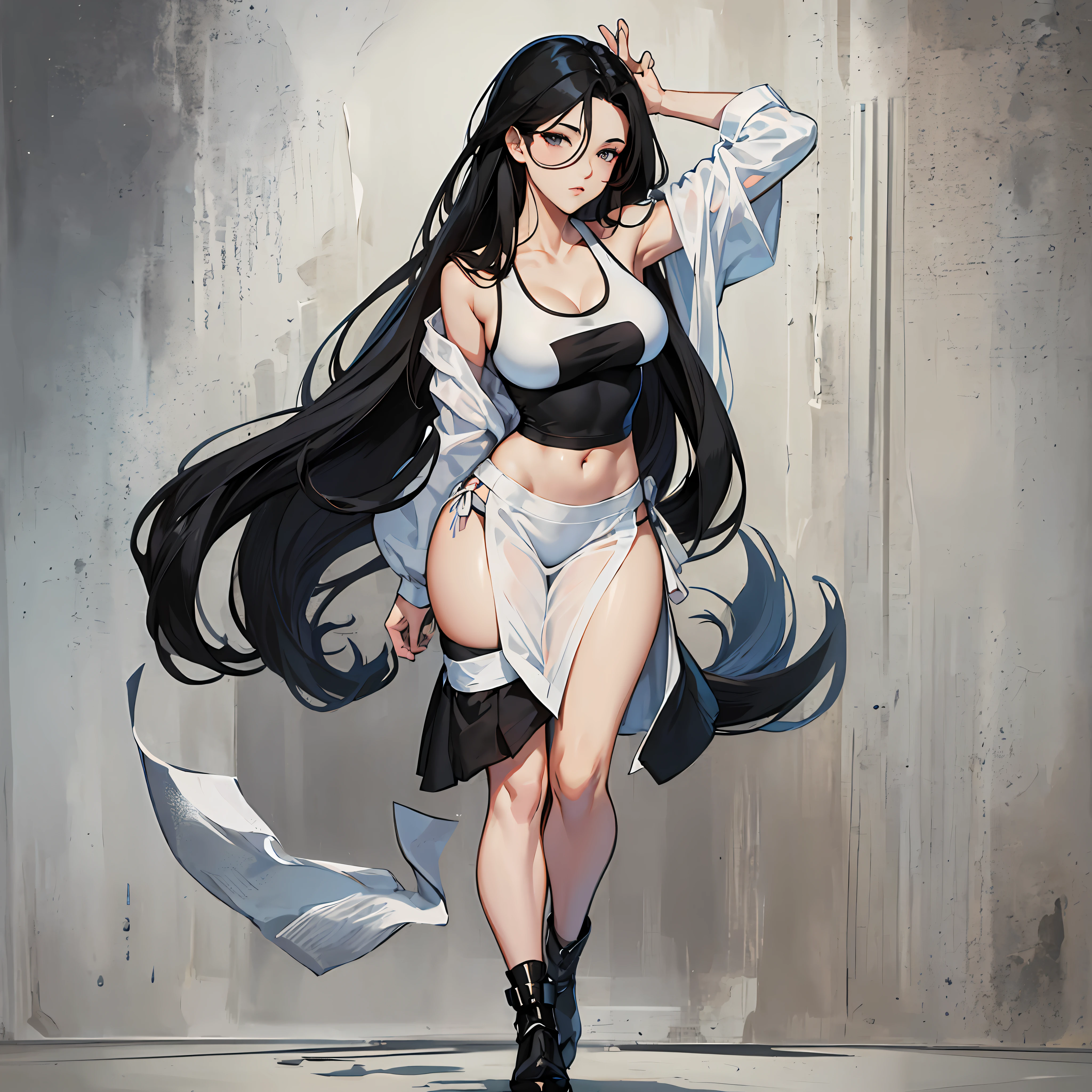 a drawing of a woman with long black hair and a white shirt, side boob, heavy gesture style , flat anime style shading, full body illustration, extra detail, clean detailed anime style, wearing a white tanktop, wearing tanktop, thick border lines --auto --s2