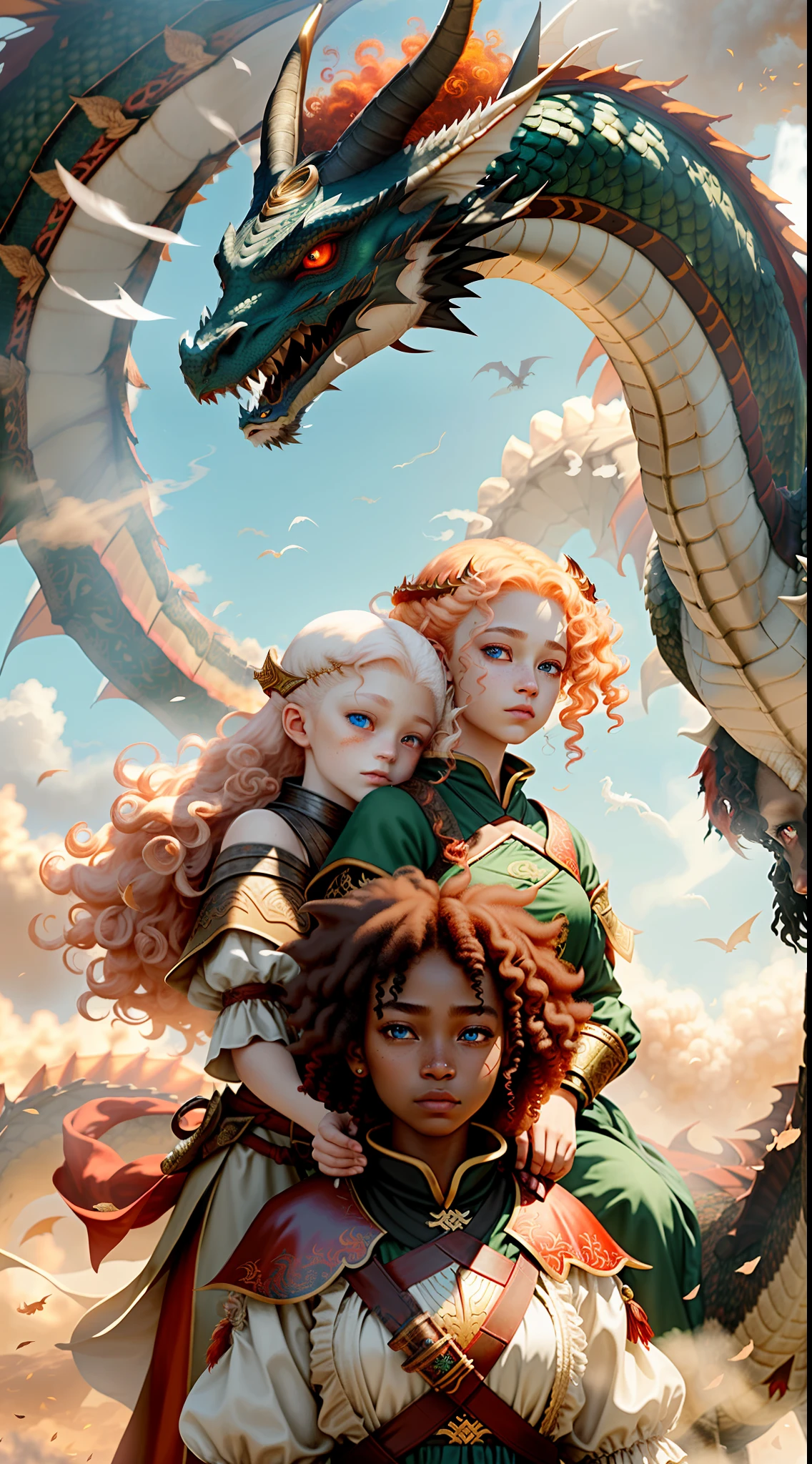 epic realistic, (dark shot:1), two loving girls riding on the head of a flying dragon, (((albino bald redhead beautiful princess girl, red eyebrows))) hugged in the back (((african goddess ninja girl black skin really curly hair))) floating on dragon head, textured clothing, dragon head, smoke, (((sandstorm))), (flying stone), (((dust explosion:1))), wind, (motion blur), realistic, solo_focus, (dark background), 3d Model, heterochromia eyes, dragons