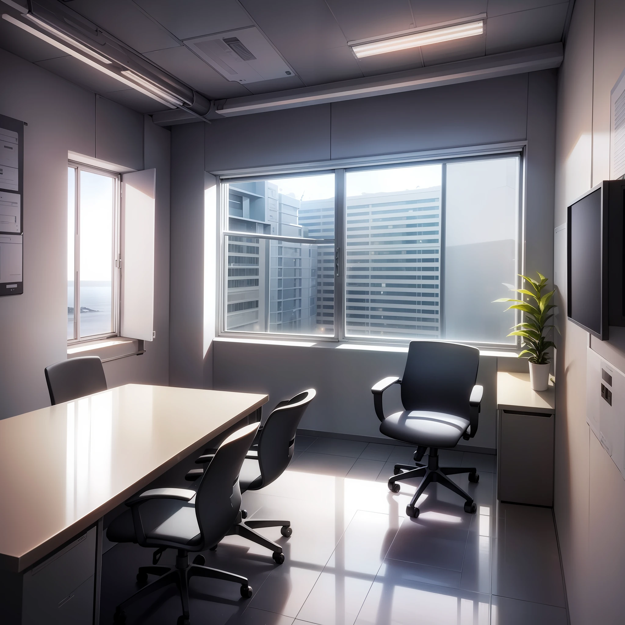((visual novel background)), futuristic office, white room, desk, chairs, laptop, (((antarctica outside window)))