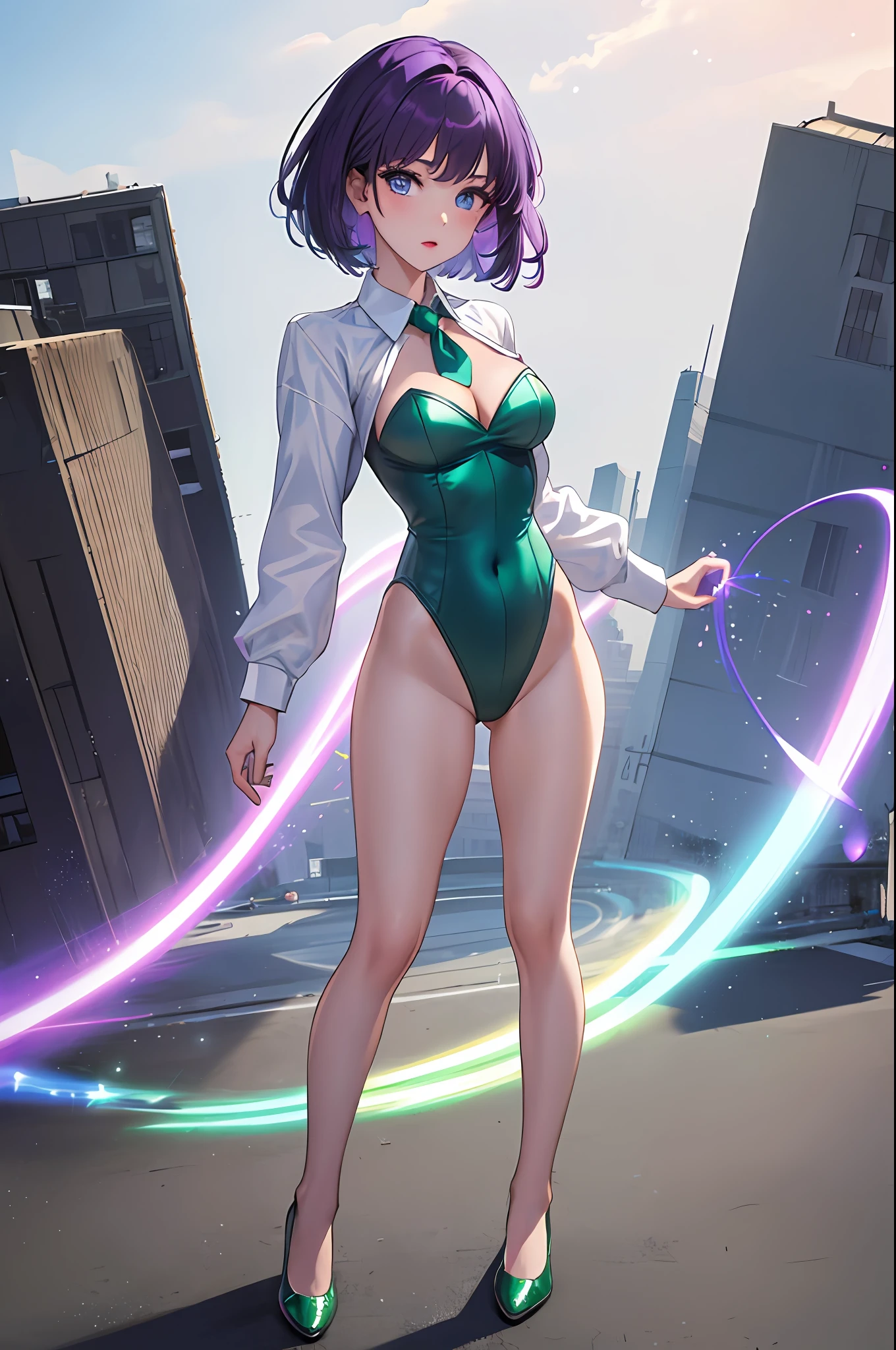 ((masterpiece)), ((best quality)), highres, 1girl, solo, green suit and tie, leotard, bare legs, matching shoes, looking at viewer, city backdrop, perfect hands, perfect eyes, perfect leotard, perfect legs, perfect arms, perfect fingers, medium breasts, standing, purple hair, short hair, bob hair, blue eyes, standing, (full body), super spin, twirl, magic, light particles, power, swirls, (heart particles:1.1), spinning around, super speed,