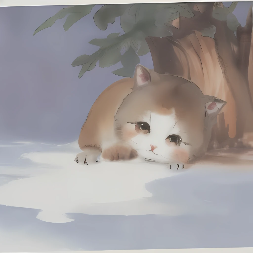 Yellow brown paper background, color water, partial painting, ink drop, splash, soff pastel, dreamy, masterpiece, cat, sleeping
