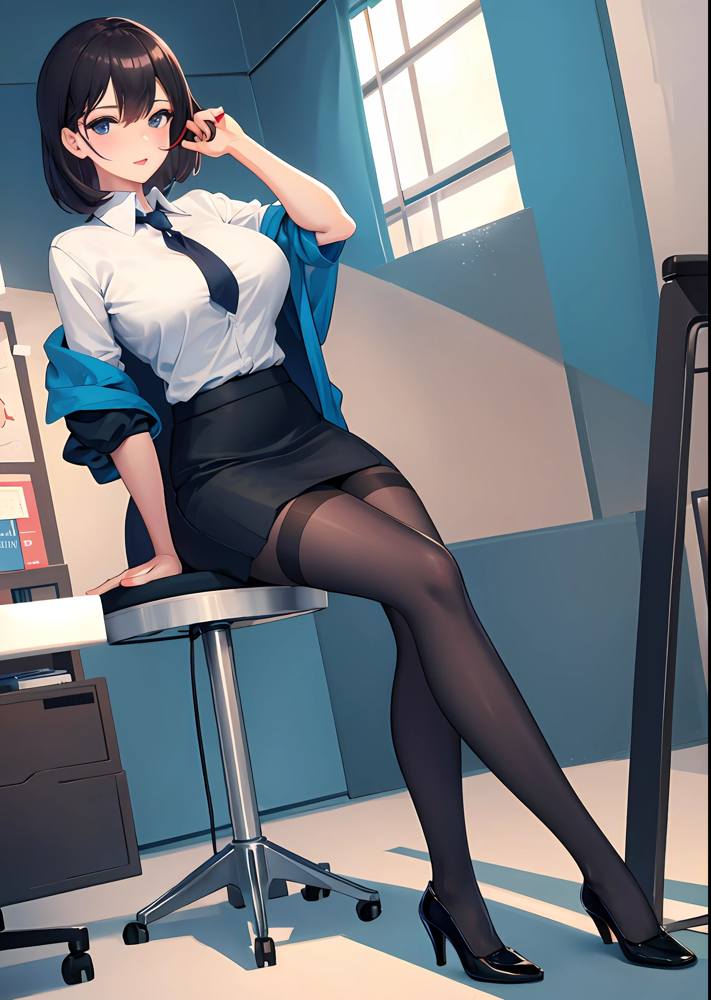 full body photo of a beautiful sexy secretary wearing extremely short skirt and seamed stockings, stands_straight, ((solo)), adult, in the office, high heels, craves, strokes_herself