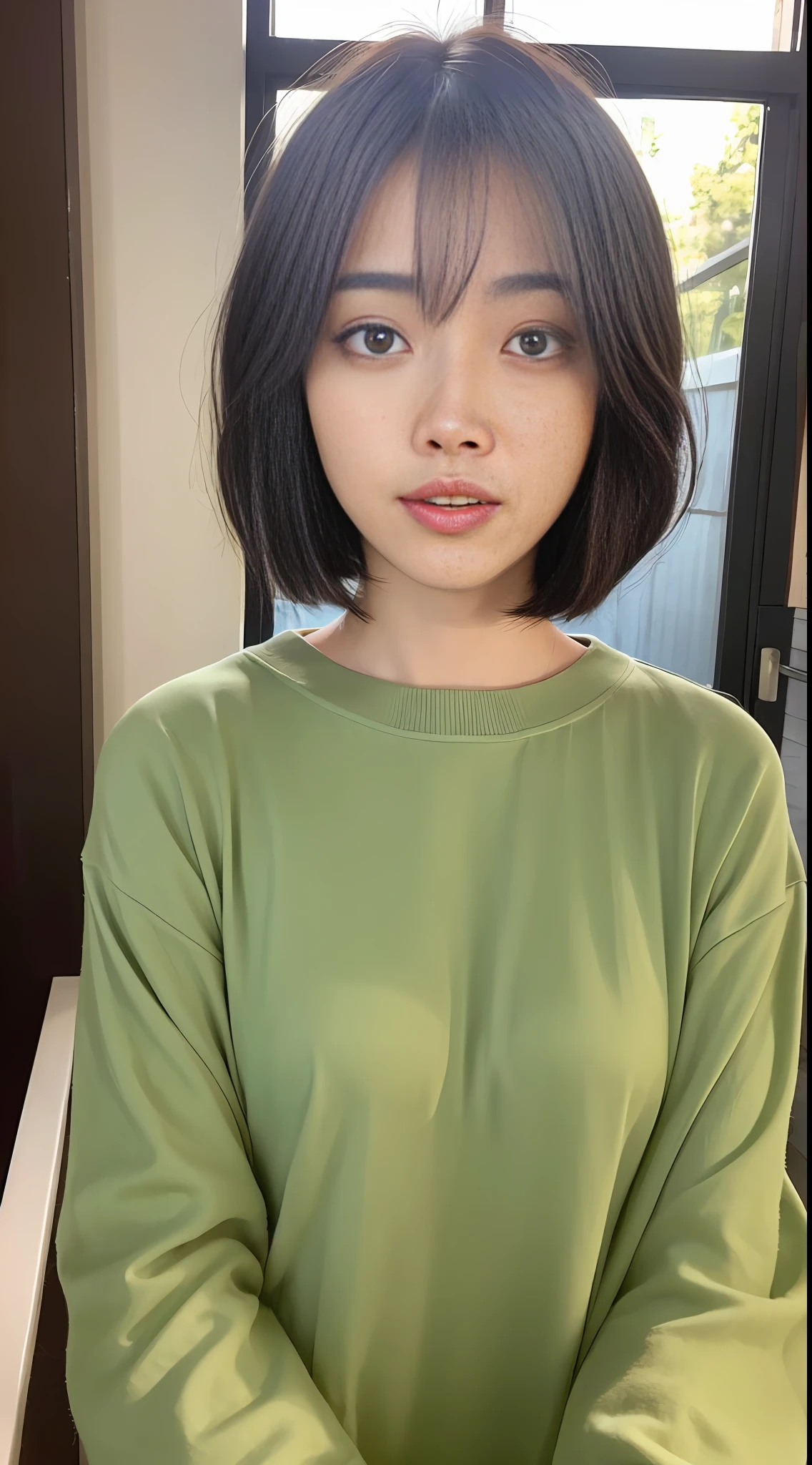 ((Best Quality, 8k, Masterpiece: 1.3)), 1 Woman, Pretty Girl: 1.3, Japan Persons, (Hairstyle: Short Hairstyle, Big: 1.2), Plain Clothes: 1.2, Indoors, Ultra Detailed Face, Detailed Eyes, Double Eyelids, Best Face, Child, Stunning, Beautiful Girl, Round Face