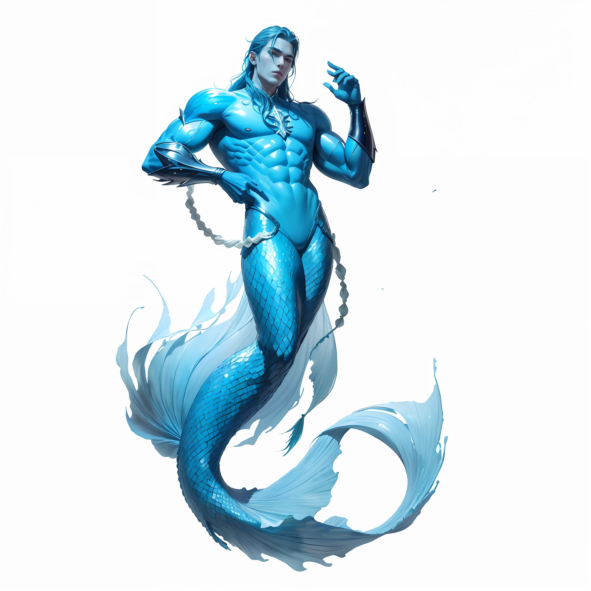 8k, realistic, charismatic, very detailed, mermaid, male, fishman, superhero theme, full body, ray-traced images of Arthur Pan, trends on Artstation, digital art, red and cinematic lighting, dramatic shadows and beautiful vivid colors capture scenes. Romantic art style, flat perspective, character standing painting, perfect face, his name is Abraham + Mermaid + Blue / Water / Fishtail Power. This character is a blue hero from Mars, who has the transformation and psychic abilities of a Martian hunter, and a beautiful aquatic creature who can swim or manipulate the currents with the power of a fishtail