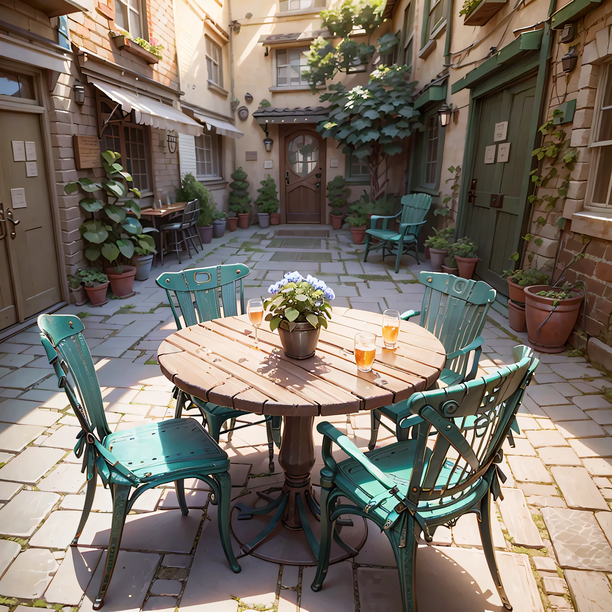 there is a patio with a table and chairs and a door, by senior environment artist, relaxing concept art, inspired by senior environment artist, beautiful 3 d concept art, environment art, 3 d stylize scene, cozy cafe background, anime scenery concept art, akihiko yoshida. unreal engine, anime background art, realistic 3 d style, highly detailed scene --auto --s2