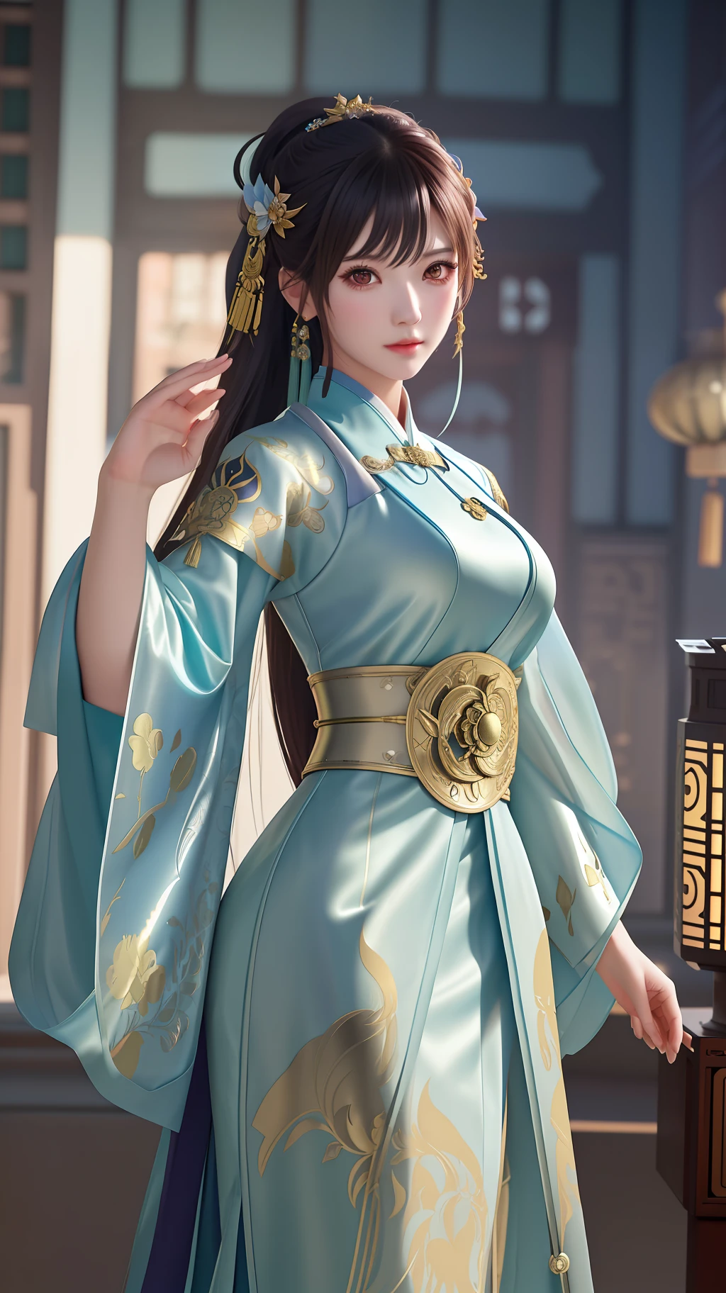 1girl,silver dress,(azur lane\), (Kpop idol), (aegyo sal:1), (light brown short ponytail:0.8), ((puby eyes)),,hanfugirl,light green Hanfu,print,best quality , masterpiece, high resolution, 1 girl, pretty face, chinese clothes in superhero leather uniform, (super detailed metal armor), colorful, painting burst, artstation, concept art, smooth, sharp focus, illustration, background with east asian architecture, artwork by artgerm, greg rutkowski and alphonse mucha,