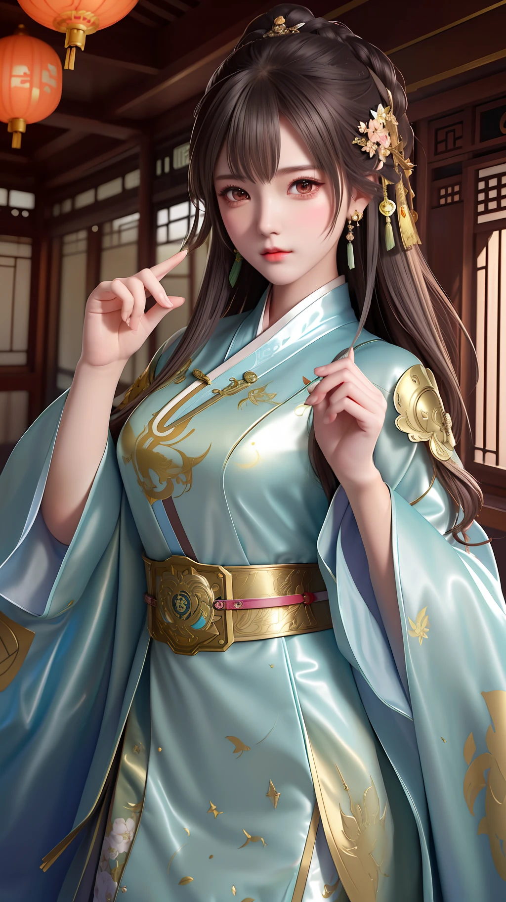 1girl,silver dress,(azur lane\), (Kpop idol), (aegyo sal:1), (light brown short ponytail:0.8), ((puby eyes)),,hanfugirl,light green Hanfu,print,best quality , masterpiece, high resolution, 1 girl, pretty face, chinese clothes in superhero leather uniform, (super detailed metal armor), colorful, painting burst, artstation, concept art, smooth, sharp focus, illustration, background with east asian architecture, artwork by artgerm, greg rutkowski and alphonse mucha,
