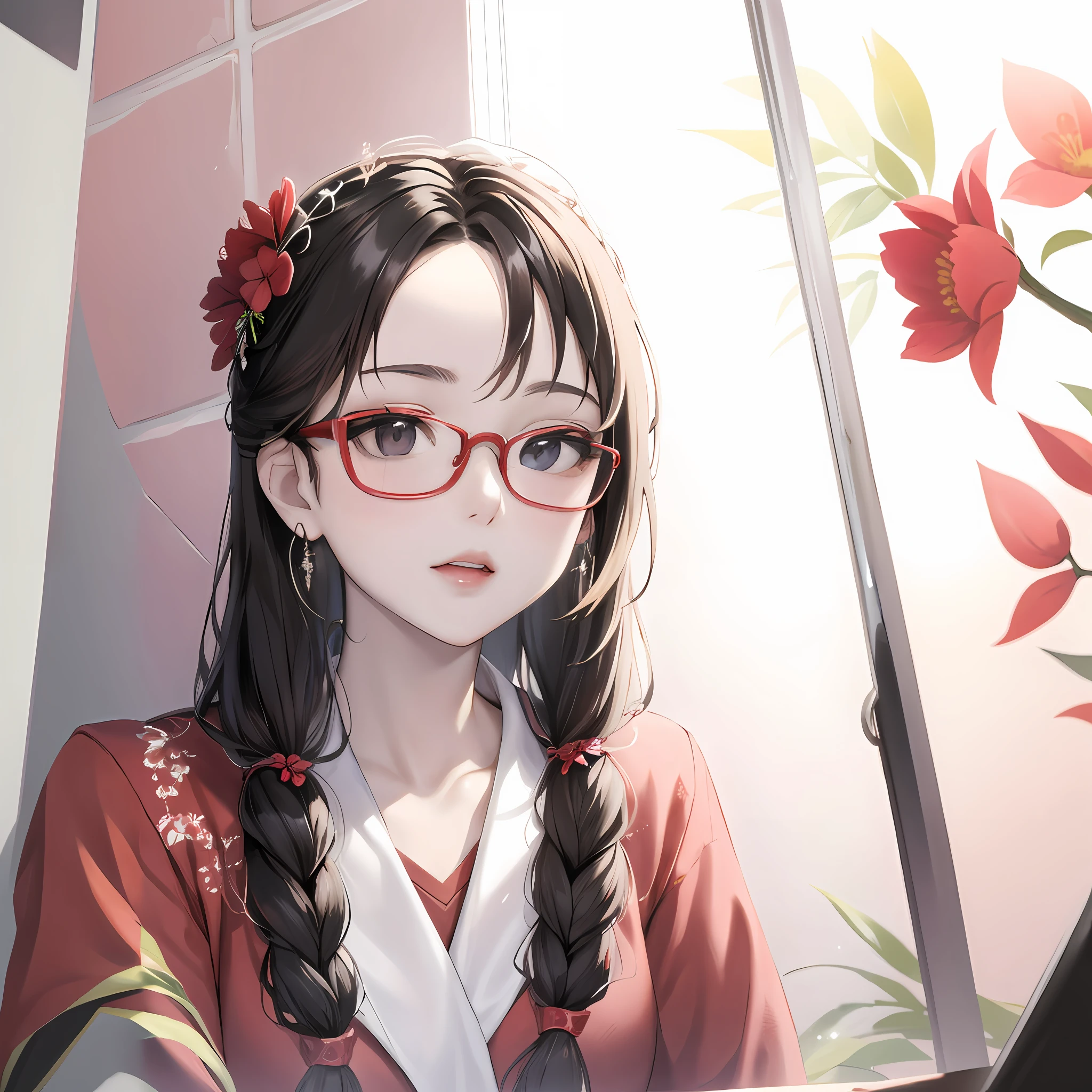 anime girl with glasses and a red flower in her hair, artwork in the style of guweiz, kawaii realistic portrait, guweiz, beautiful anime portrait, portrait anime girl, with glasses, high quality portrait, portrait of an anime girl, portrait of cute anime girl, beautiful anime girl, cute anime girl portrait, anime style portrait, smooth anime cg art