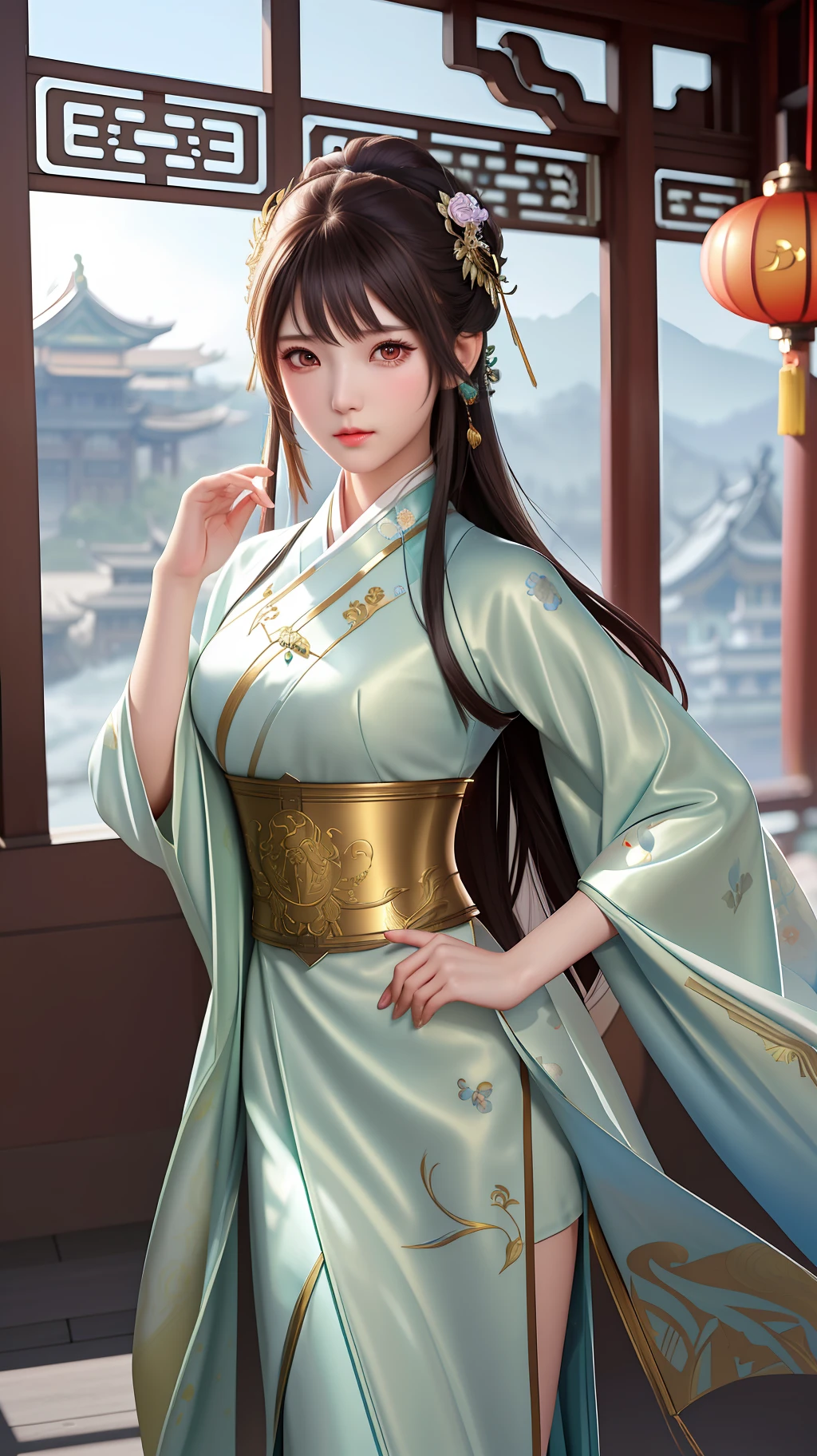 1girl,silver dress,(azur lane\), (Kpop idol), (aegyo sal:1), (light brown short ponytail:0.8), ((puby eyes)),,hanfugirl,light green Hanfu,print,best quality , masterpiece, high resolution, 1 girl, pretty face, chinese clothes in superhero leather uniform, (super detailed metal armor), colorful, painting burst, artstation, concept art, smooth, sharp focus, illustration, background with east asian architecture, artwork by artgerm, greg rutkowski and alphonse mucha,