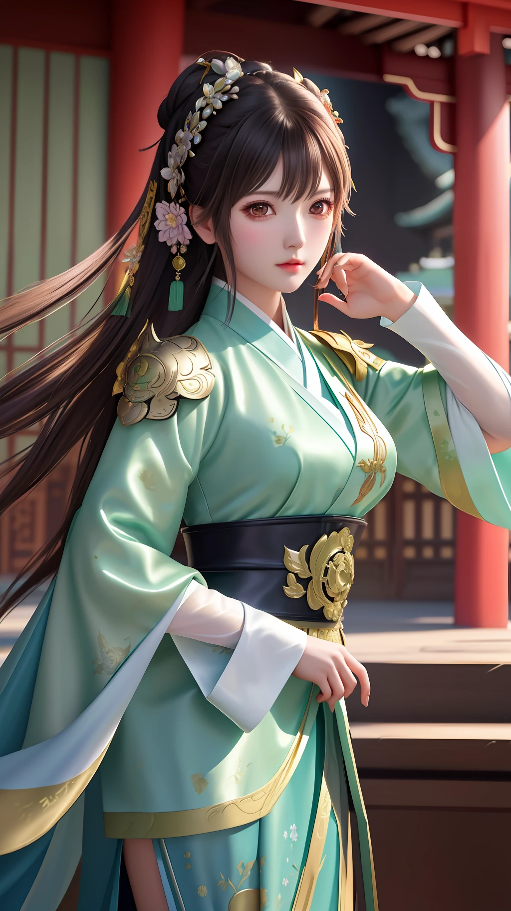 1girl,silver dress,(azur lane\), (Kpop idol), (aegyo sal:1), (light brown short ponytail:0.8), ((puby eyes)),,hanfugirl,light green Hanfu,print,best quality , masterpiece, high resolution, 1 girl, pretty face, chinese clothes in superhero leather uniform, (super detailed metal armor), colorful, painting burst, artstation, concept art, smooth, sharp focus, illustration, background with east asian architecture, artwork by artgerm, greg rutkowski and alphonse mucha,