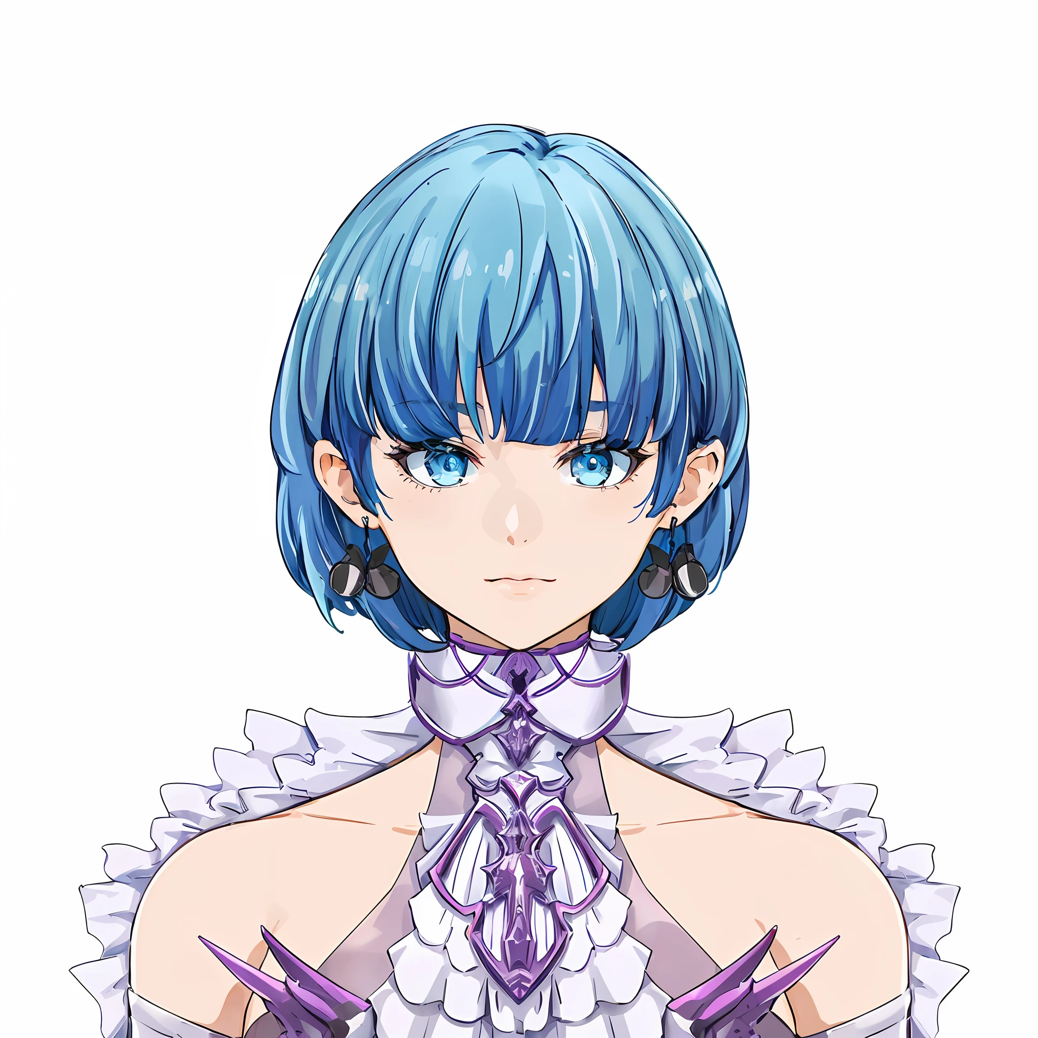 (masterpiece:1.3), (best quality:1.3), high-resolution,
watercolor pencil,
upper body,
lookinng at viewer, upright, arms at sides,
(cute1girl:1.3), solo,
white skin, small Breast, eight-headed person,
light blue hair, (blue gradiient hair:1.1), very short hair, blunt bangs, beautiful hair, blue eyes, beautiful detailed eyes,
cheerful smile,
detached sleeves, Futuristic clothing, mechanical suit, Simple Costumes, pencil skirt, earrings,
(white background:1.2), simple background,
concept art, three-sided view, reference sheet, shadowlighting,