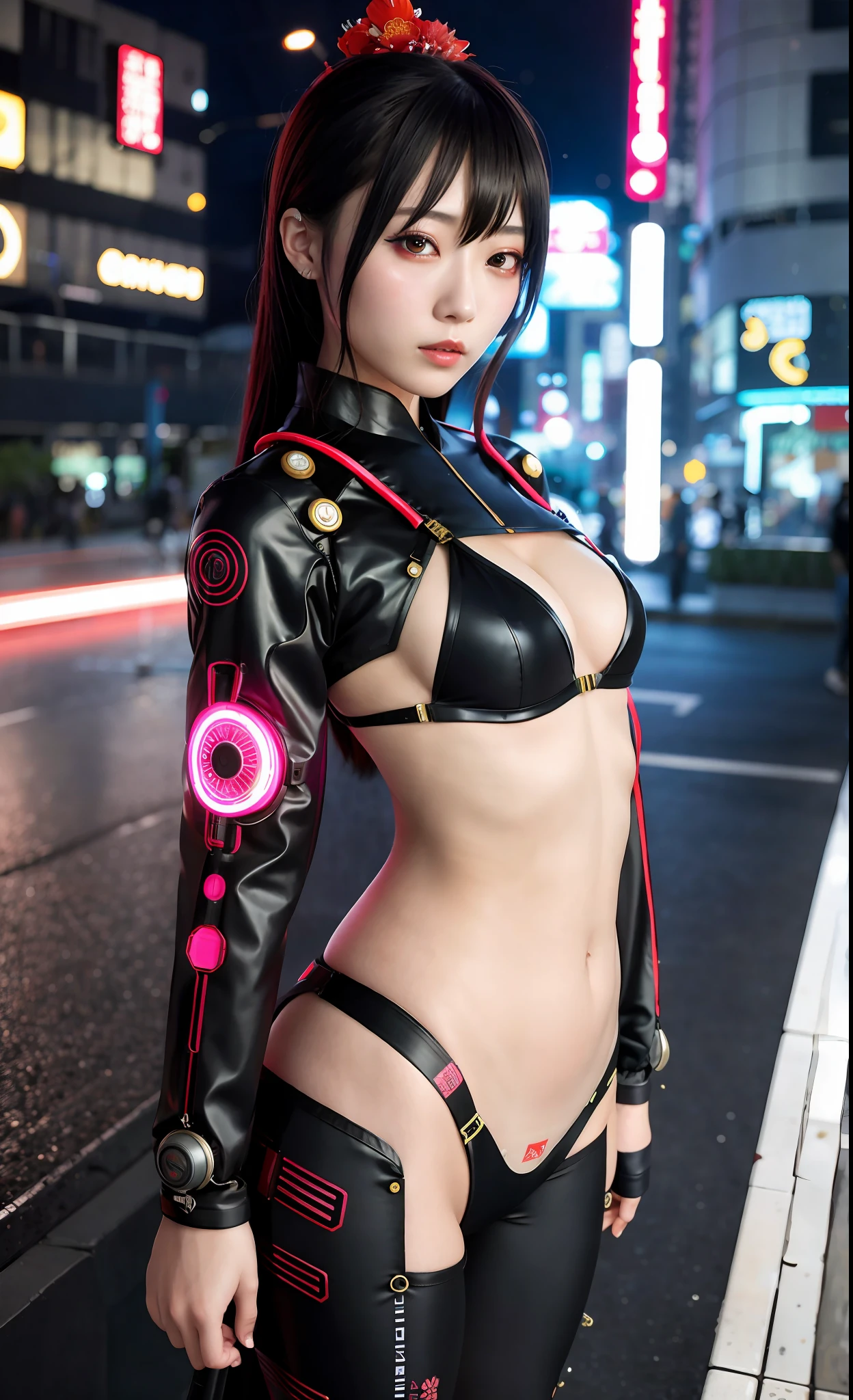 girl, slender, medium breasts, cyberpunk, kimono like mechanical bodysuit, oiran dystopia, night
