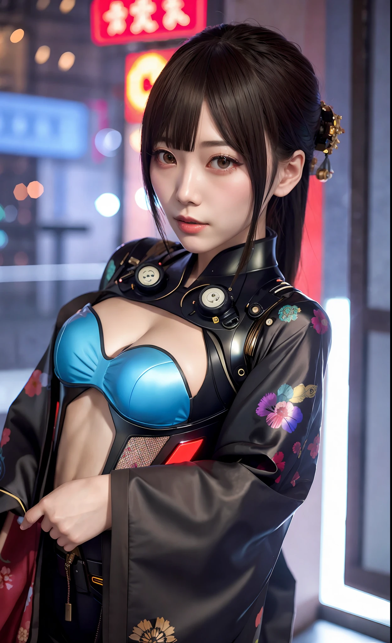 girl, slender, medium breasts, cyberpunk, kimono like mechanical bodysuit, oiran dystopia, night