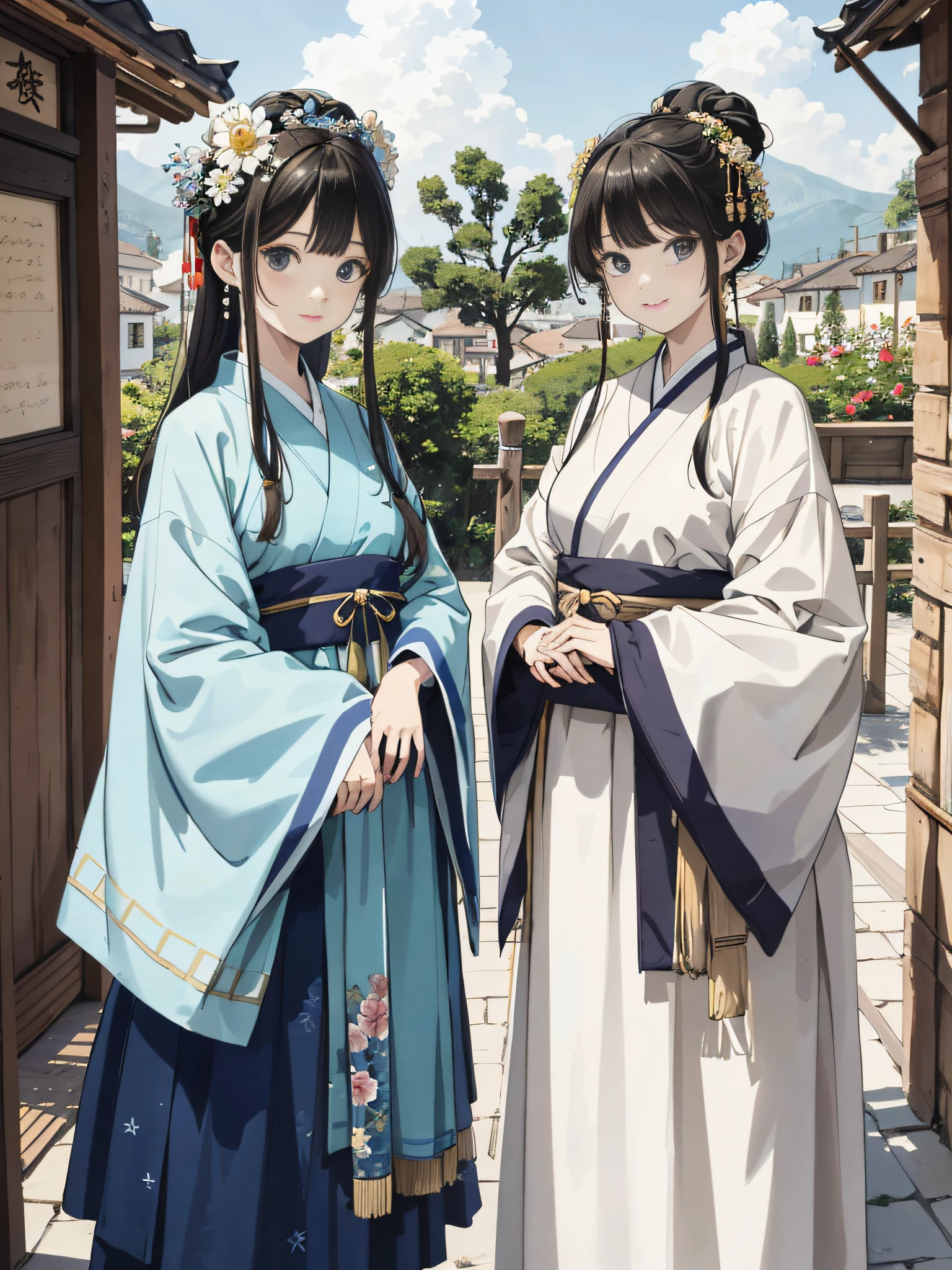 Absurd, high definition, super detailed, texture details, clear presentation, HD details, detail performance, fine details, clear face, precise restoration, clear eyeballs, (2 fat girls: 1.3), hand-drawn, simple lines, two 20-year-old girls in colorful Hanfu, standing at the entrance of the village, masterpiece, sunny day, looking at the camera