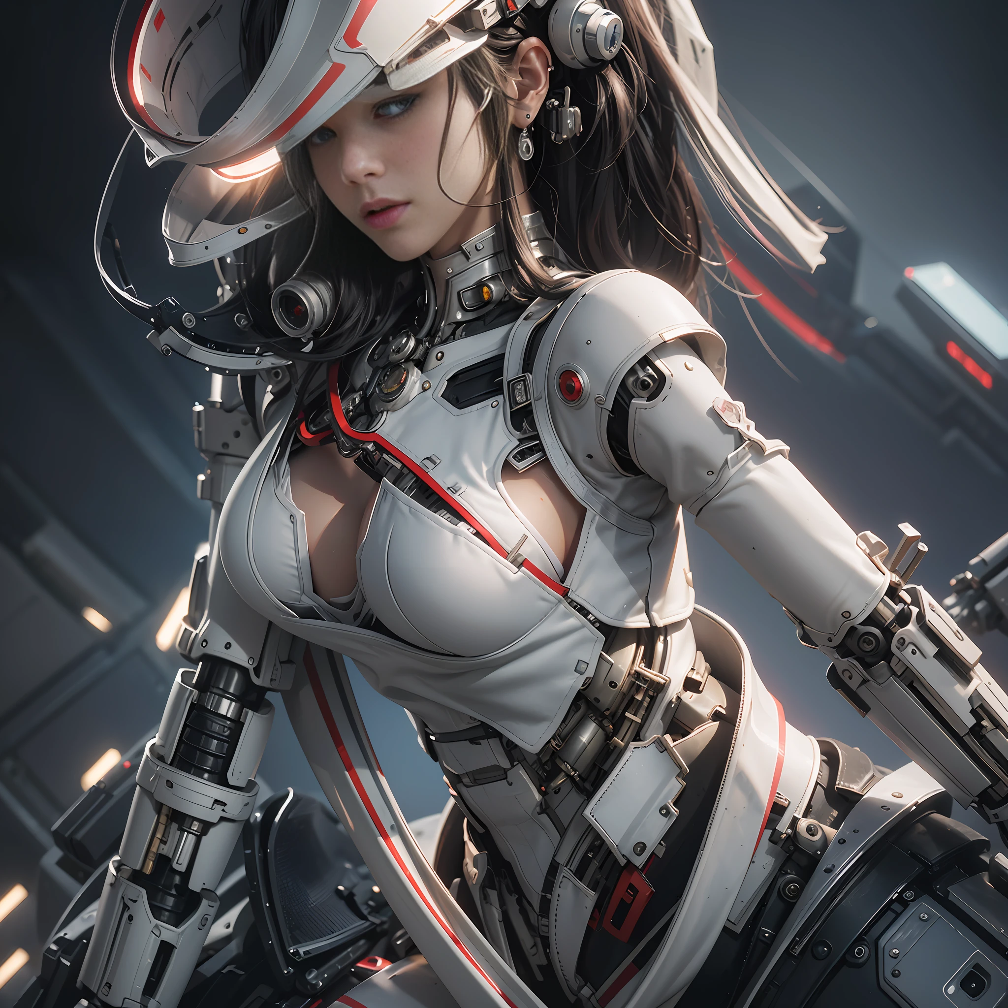 Highest quality, outstanding detail, super high resolution, (fidelity: 1.4), best illustration, favor details, close-up, a mecha girl with a delicate and beautiful face, ((red and white semi-mechanical body: 1.8)), (big breast: 1.2), sexy, belly button, cleavage, riding on a motorcycle, cyberpunk, futuristic, mechanical aesthetics, complex machinery, background is a high-tech lighting scene of the futuristic city, virtual engine 5, perfect detail rendering, octane rendering, ultra HD