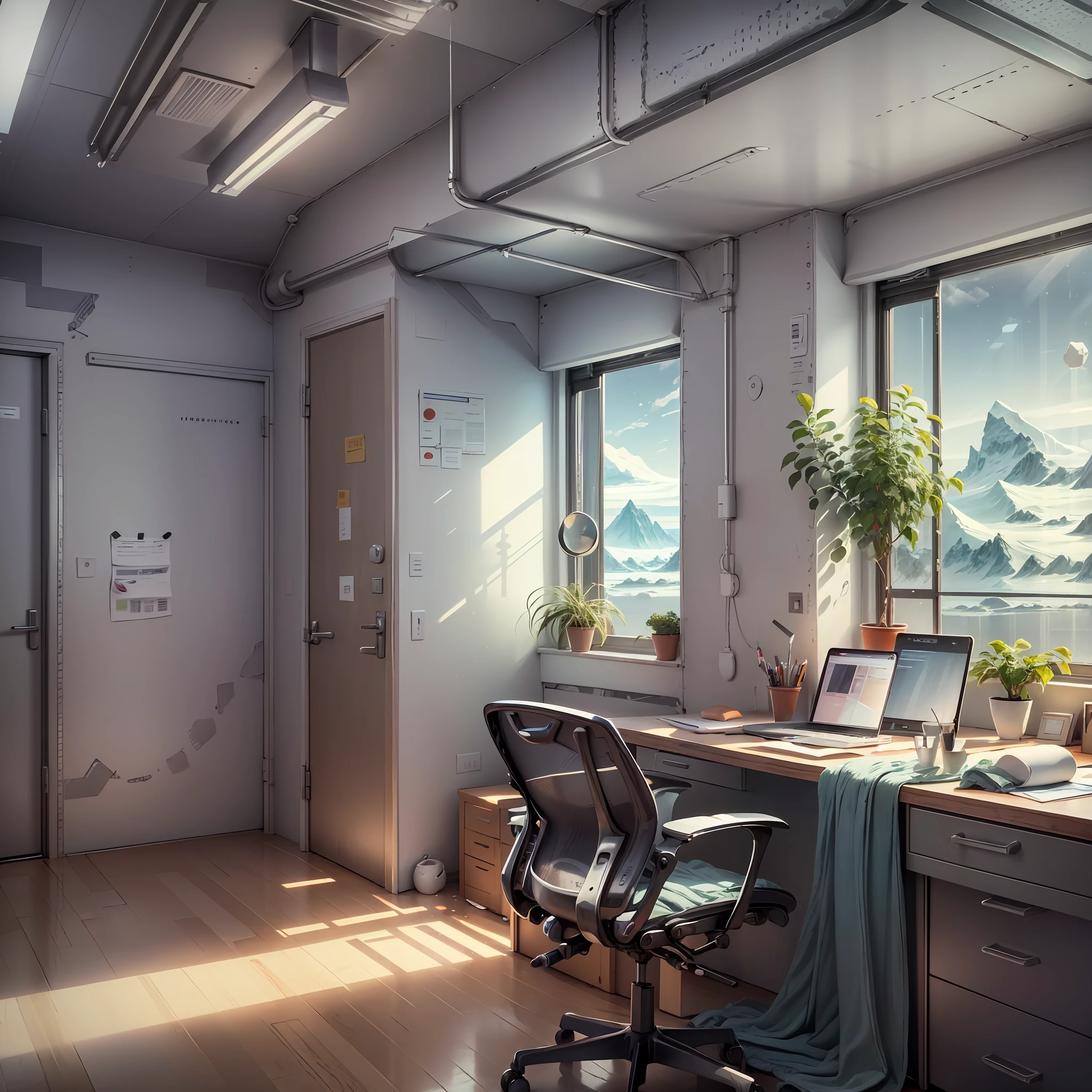 ((visual novel background)), futuristic office, white room, desk, chairs, laptop, (((antarctica outside window))), (arctic icy mountains) --auto --s2