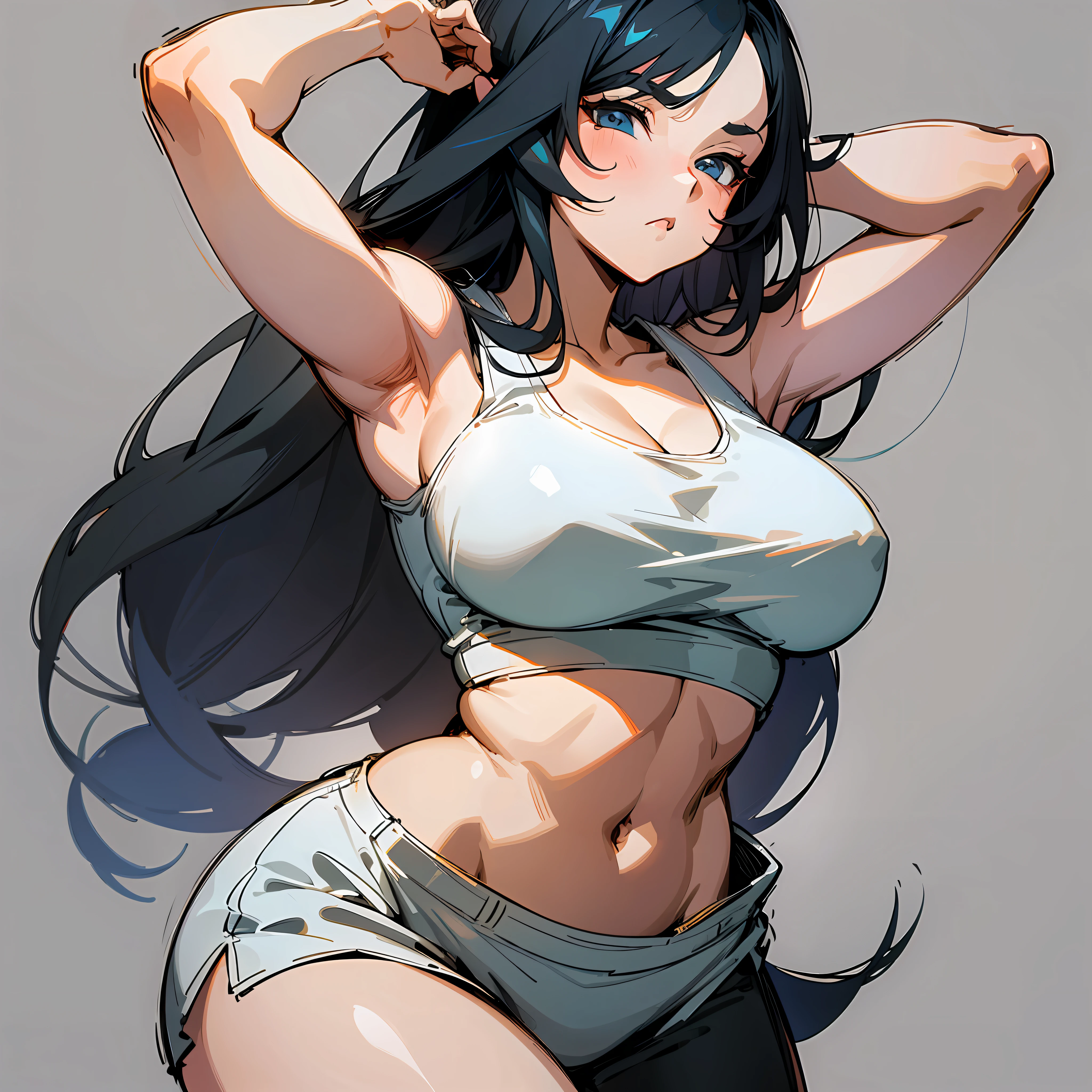 a drawing of a woman with long black hair and a white shirt, side boob, heavy gesture style , flat anime style shading, full body illustration, extra detail, clean detailed anime style, wearing a white tanktop, wearing tanktop, thick border lines --auto --s2