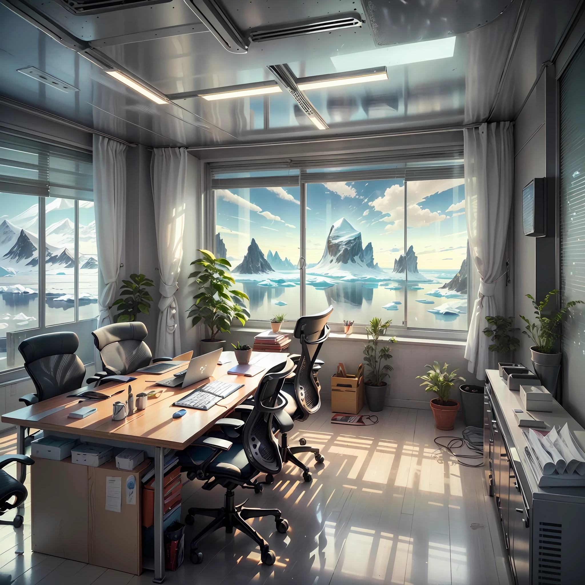 ((visual novel background)), futuristic office, white room, desk, chairs, laptop, (((antarctica outside window))), (arctic icy mountains) --auto --s2