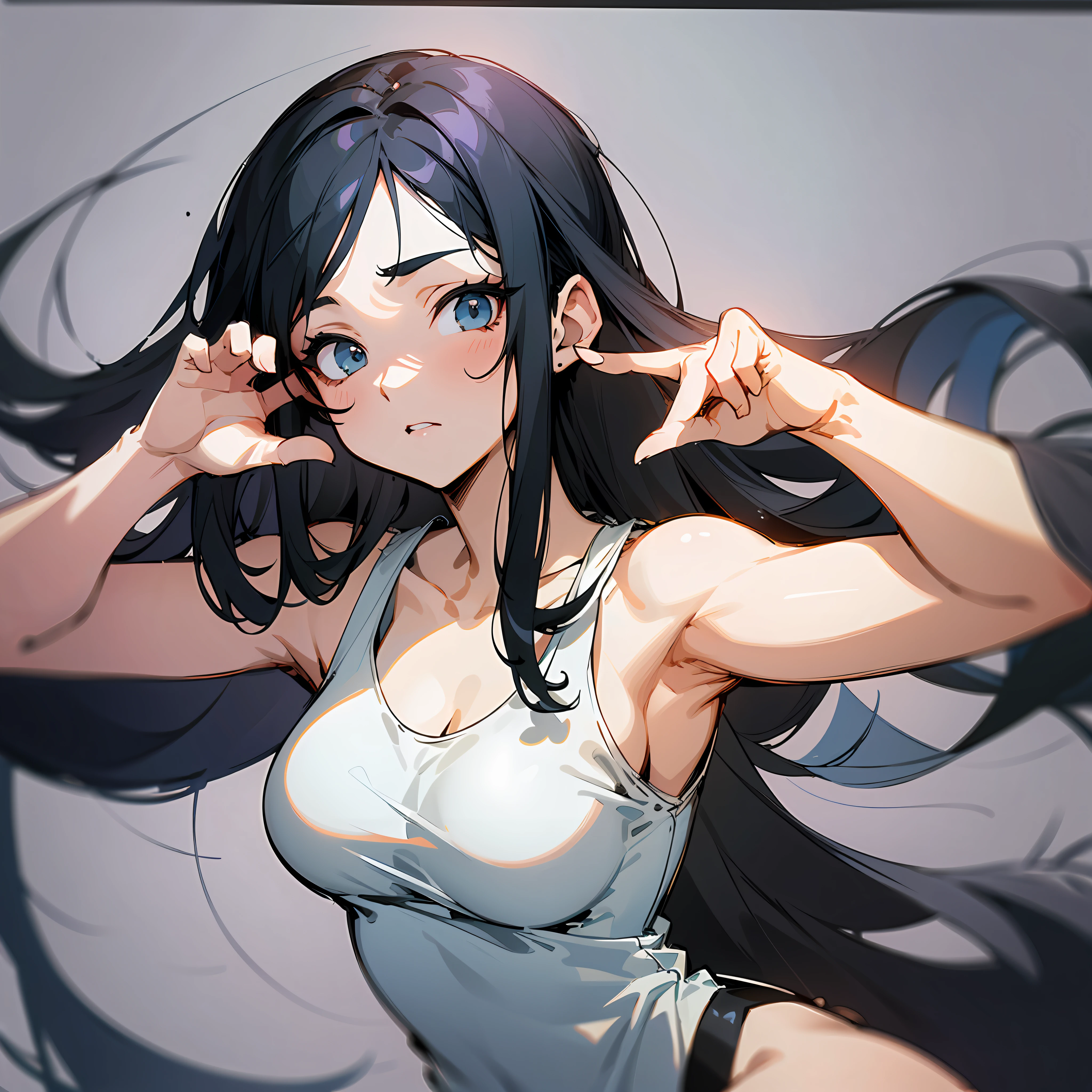a drawing of a woman with long black hair and a white shirt, side boob, heavy gesture style , flat anime style shading, full body illustration, extra detail, clean detailed anime style, wearing a white tanktop, wearing tanktop, thick border lines --auto --s2