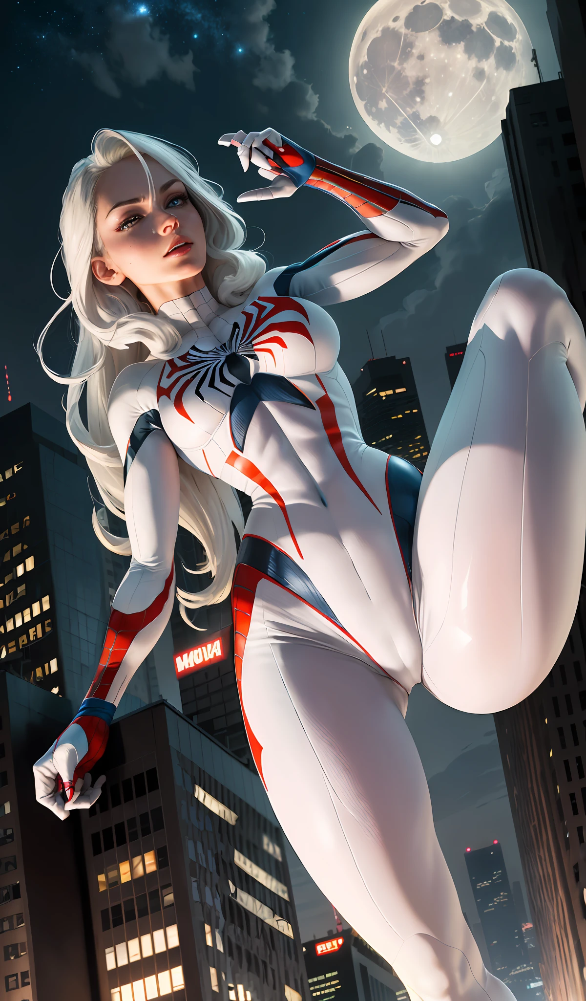 (Masterpiece, 4k resolution, ultra-realistic, very detailed), (White superhero theme, charismatic, there's a girl on top of town, wearing Spider-Man costume, she's a superhero), [ ((25 years), (long white hair:1.2), full body, (blue eyes:1.2), ((Spider-Man pose),show of strength, jumping from one building to another), ((sandy urban environment):0.8)| (cityscape, at night, dynamic lights), (full moon))] # Explanation: The Prompt mainly describes a 4K painting of ultra-high definition, very realistic, very detailed. It shows a superheroine at the top of the city, wearing a Spider-Man costume. The theme in the painting is a white superhero theme, the female protagonist has long white hair, is 25 years old and her entire body is shown in the painting. In terms of portraying the actions of superheroines, spiders are employed
