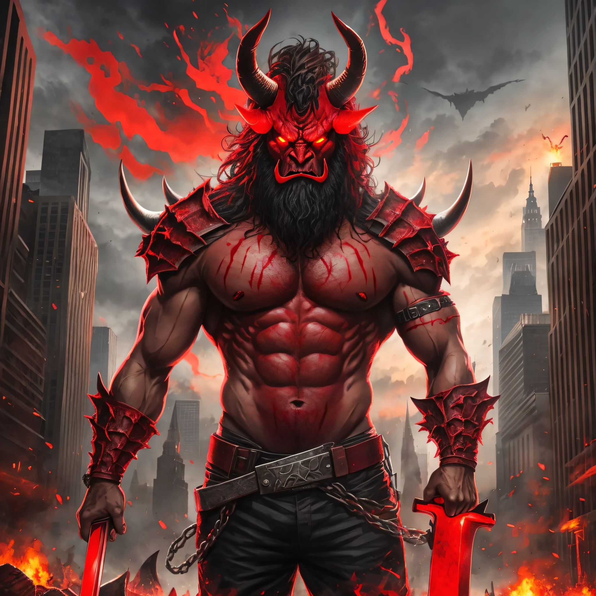 Monster (horned, all red, Satan), machete in hand, facing crowd, city background --auto --s2