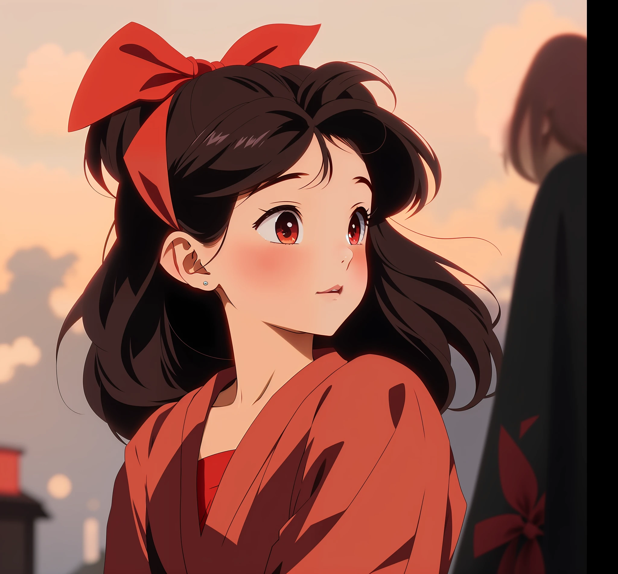Anime girl with red bow looking at camera, anime style. 8k, Ilya Kuvhinov. 4 k, retro anime girl, beautiful anime art style, anime visual of cute girl, anime style 4 k, Artgerm and Atey Ghailan, close-up of a young anime girl, young anime girl