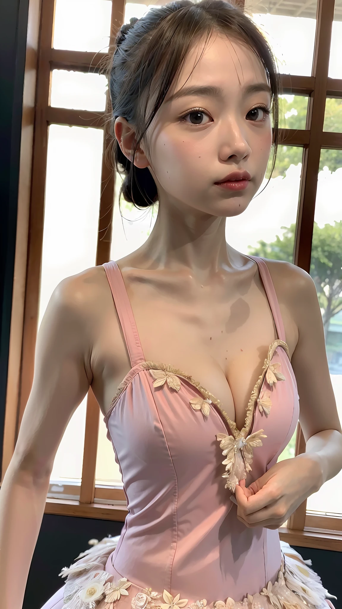 (Best quality, 8k, 32k, Masterpiece, UHD:1.2), Photo of Pretty Japanese woman, 1girl, (RAW photo), (realistic), (photorealistic:1.3), (high res), ultra detailed, Primaballerina_tutu, prima ballerina pancake tutu, incredibly beautifull face and eyes, (:1.2), round small face, (gigantic breasts, cleavage), thin waist, slim proportions, from below, forest at dawn, (sweaty)