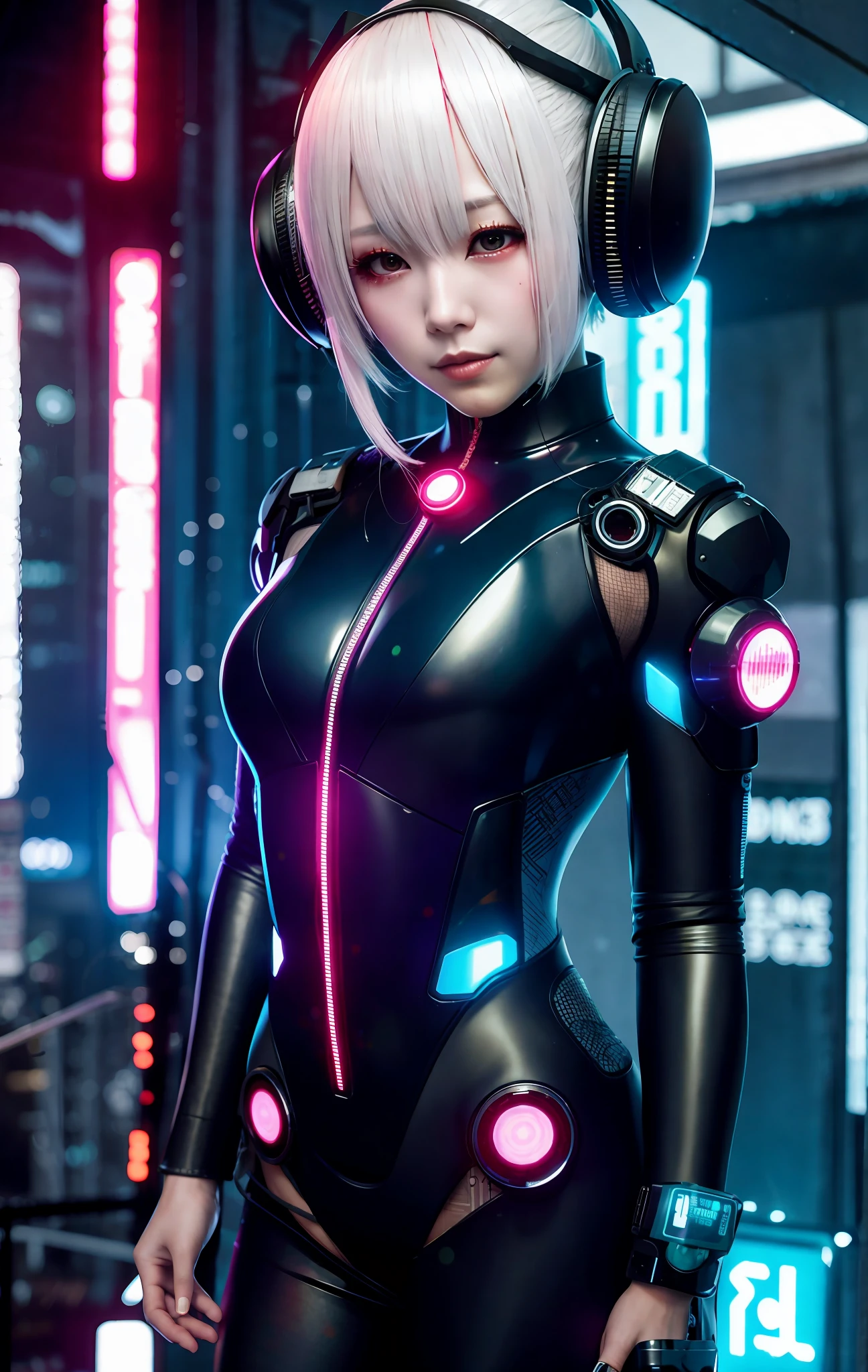girl, slender, medium breasts, cyberpunk, kimono like mechanical bodysuit, oiran dystopia, night