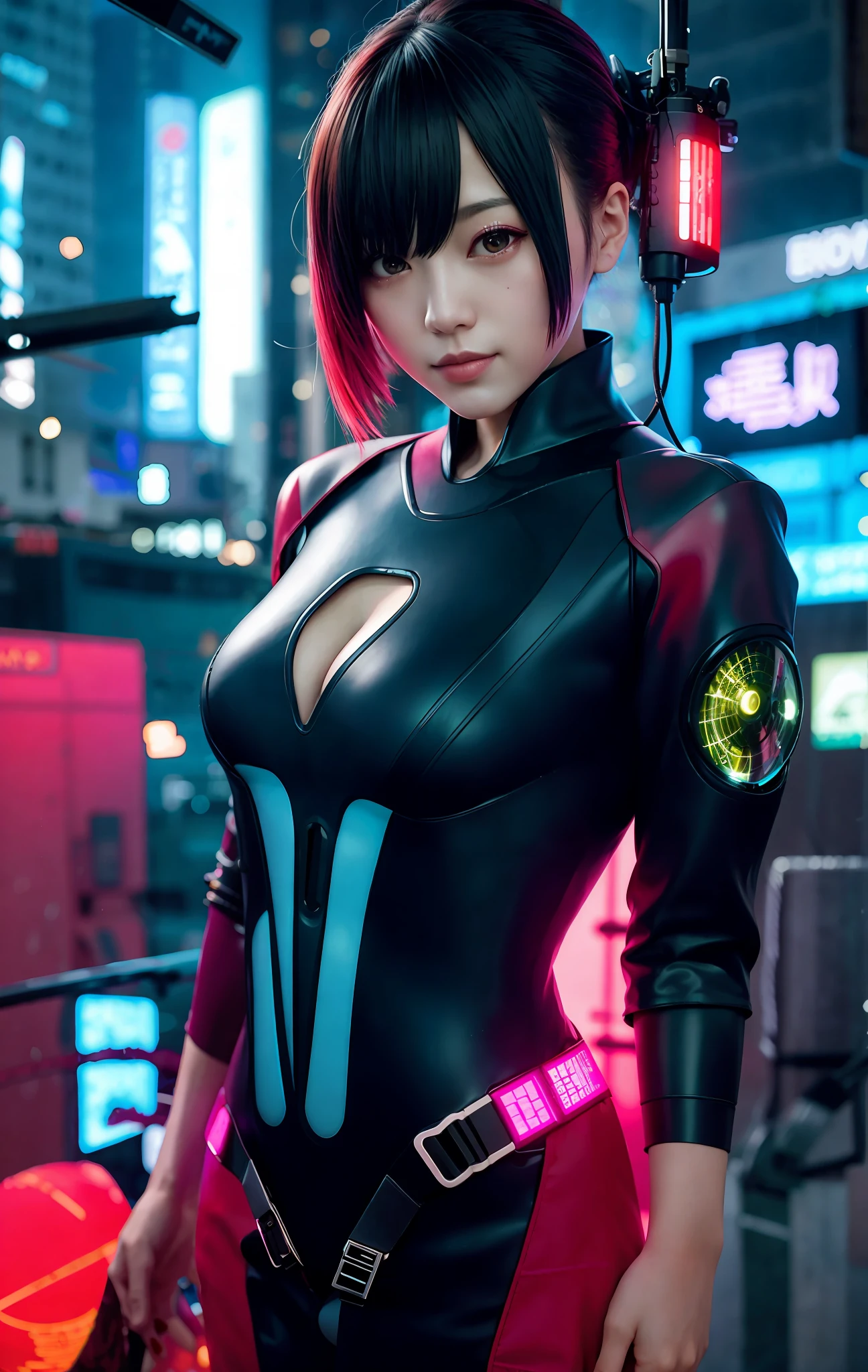 girl, slender, medium breasts, cyberpunk, kimono like mechanical bodysuit, oiran dystopia, night