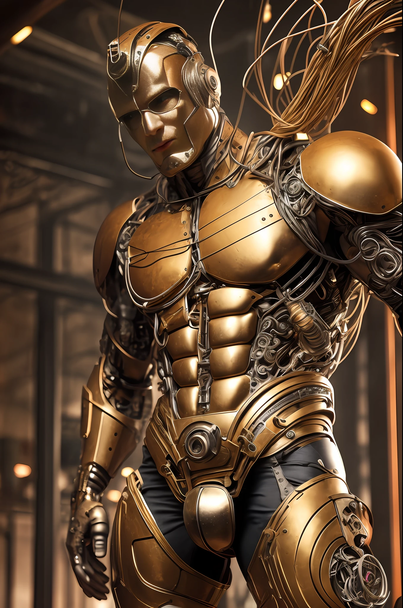 (Very attractive) muscular cyborg mature man with a (model face), chisled features, exposed wires, gold oil leaking from rusty wires, lights, extremely asthetically chiseled physique, old destress metal,  huge Crotch bulge, --auto --s2