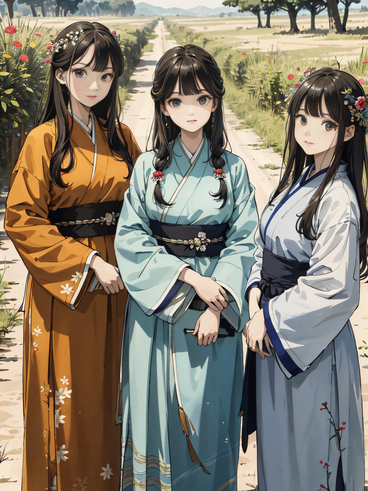 Absurd, high definition, super detailed, texture detail, clear presentation, HD details, detail performance, fine details, clear face, precise restoration, clear eyeballs, (5 fat girls: 1.3), hand drawn, simple lines, five 20-year-old girls in colorful Hanfu, standing on dirt roads, masterpieces, sunny days, looking at the camera