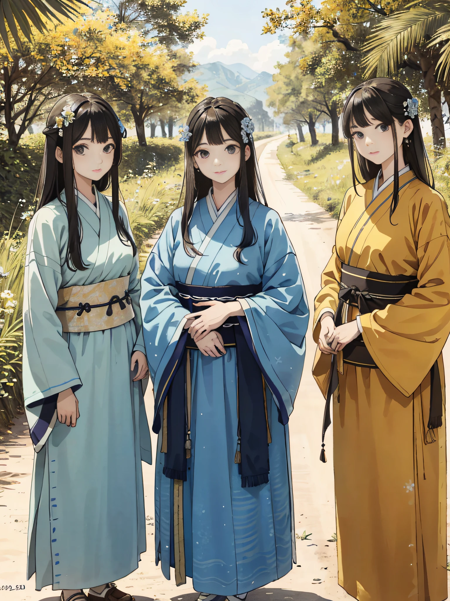 Absurd, high definition, super detailed, texture detail, clear presentation, HD details, detail performance, fine details, clear face, precise restoration, clear eyeballs, (5 fat girls: 1.3), hand drawn, simple lines, five 20-year-old girls in colorful Hanfu, standing on dirt roads, masterpieces, sunny days, looking at the camera