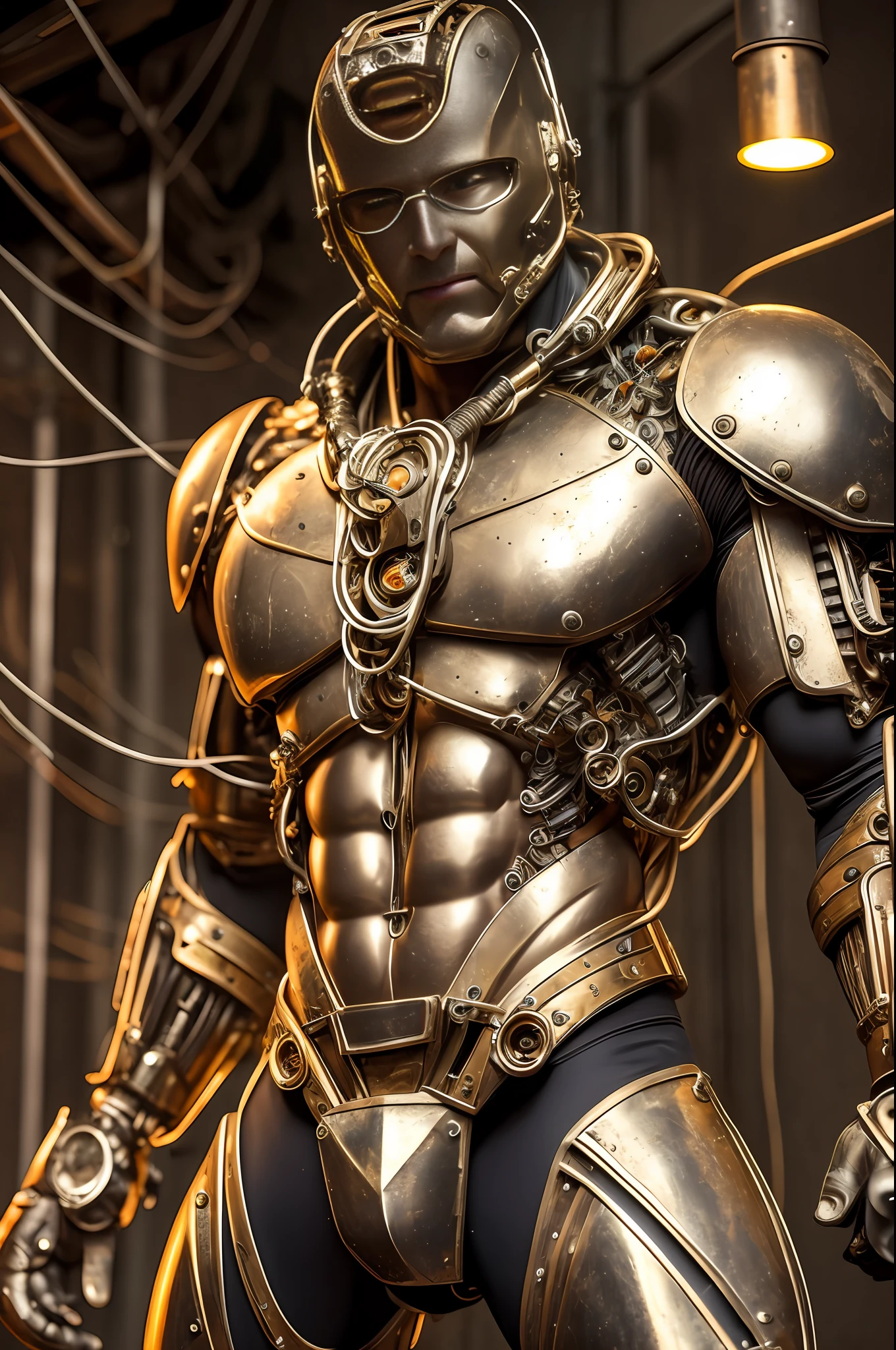(Very attractive) muscular cyborg mature man with a (model face), chisled features, exposed wires, gold oil leaking from rusty wires, lights, extremely asthetically chiseled physique, old destress metal, huge Crotch bulge, --auto --s2
