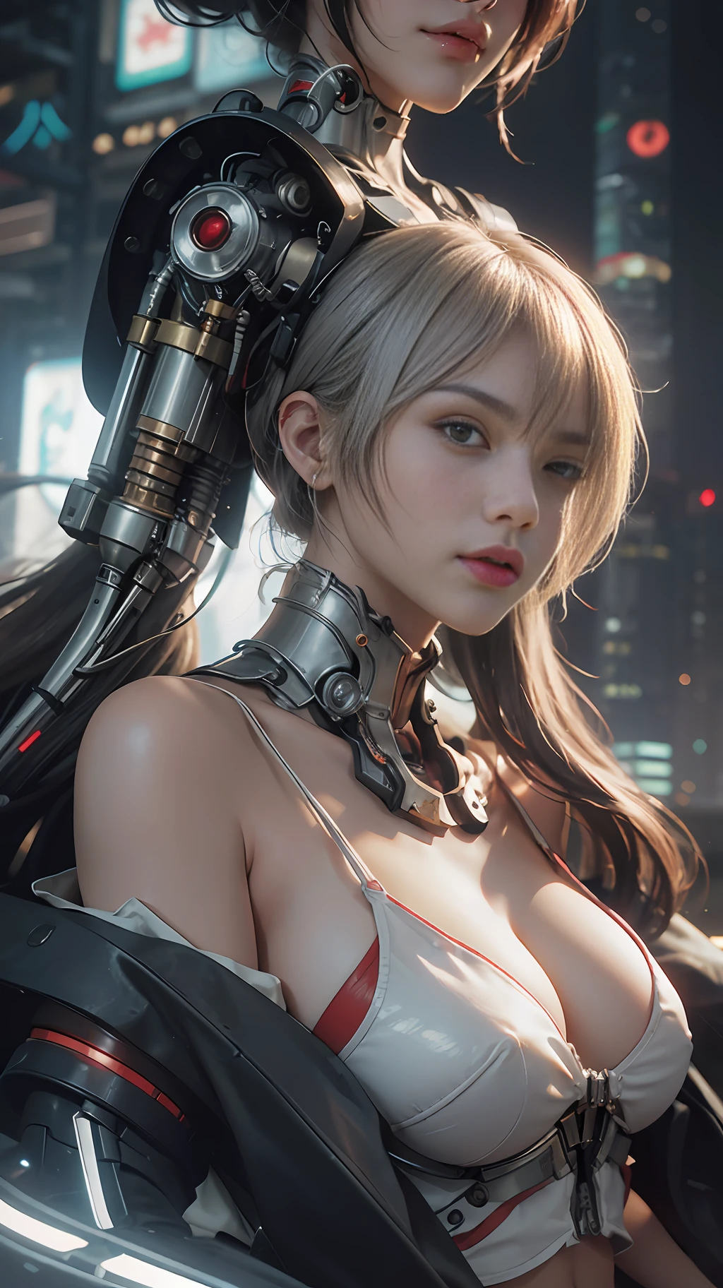 Highest quality, outstanding detail, super high resolution, (fidelity: 1.4), best illustration, favor details, close-up, a mecha girl with a delicate and beautiful face, ((red and white semi-mechanical body: 1.8)), (big breast: 1.2), sexy, belly button, cleavage, riding on a motorcycle, cyberpunk, futuristic, mechanical aesthetics, complex machinery, background is a high-tech lighting scene of the futuristic city, virtual engine 5, perfect detail rendering, octane rendering, ultra HD